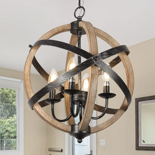 Rustic orb chandelier with weathered wood and black metal finish light fixture