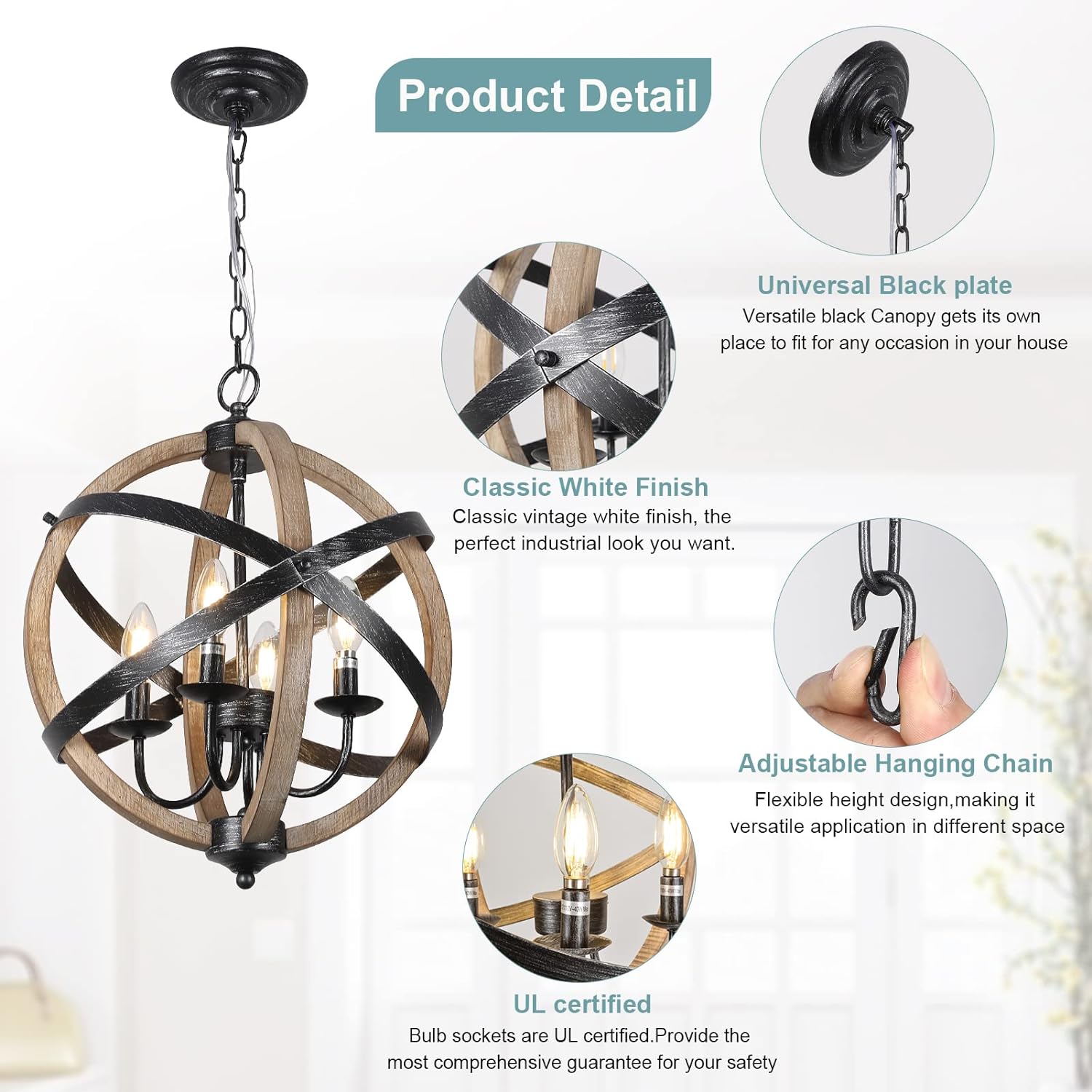 Rustic orb chandelier with distressed wood and black metal accents light design