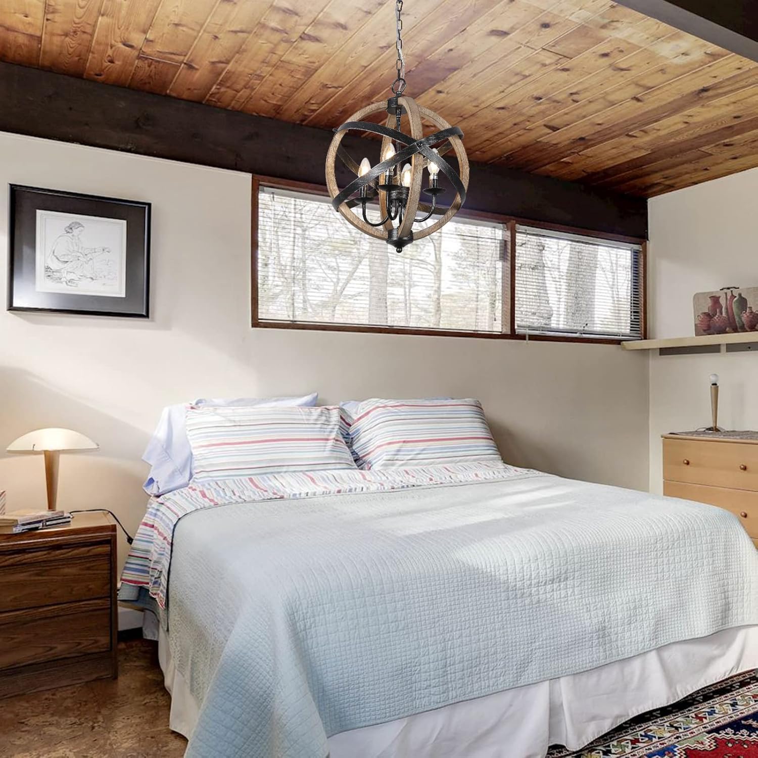 Rustic spherical chandelier with wood and black metal finish