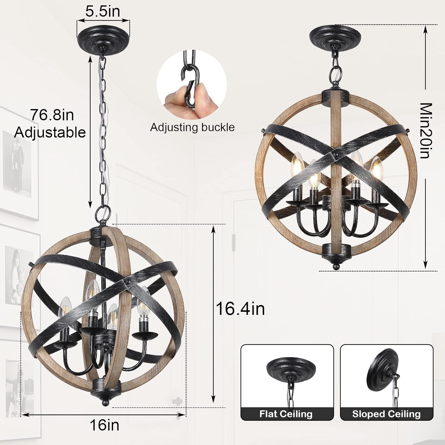 Rustic orb chandelier with wood and black metal frame  lights