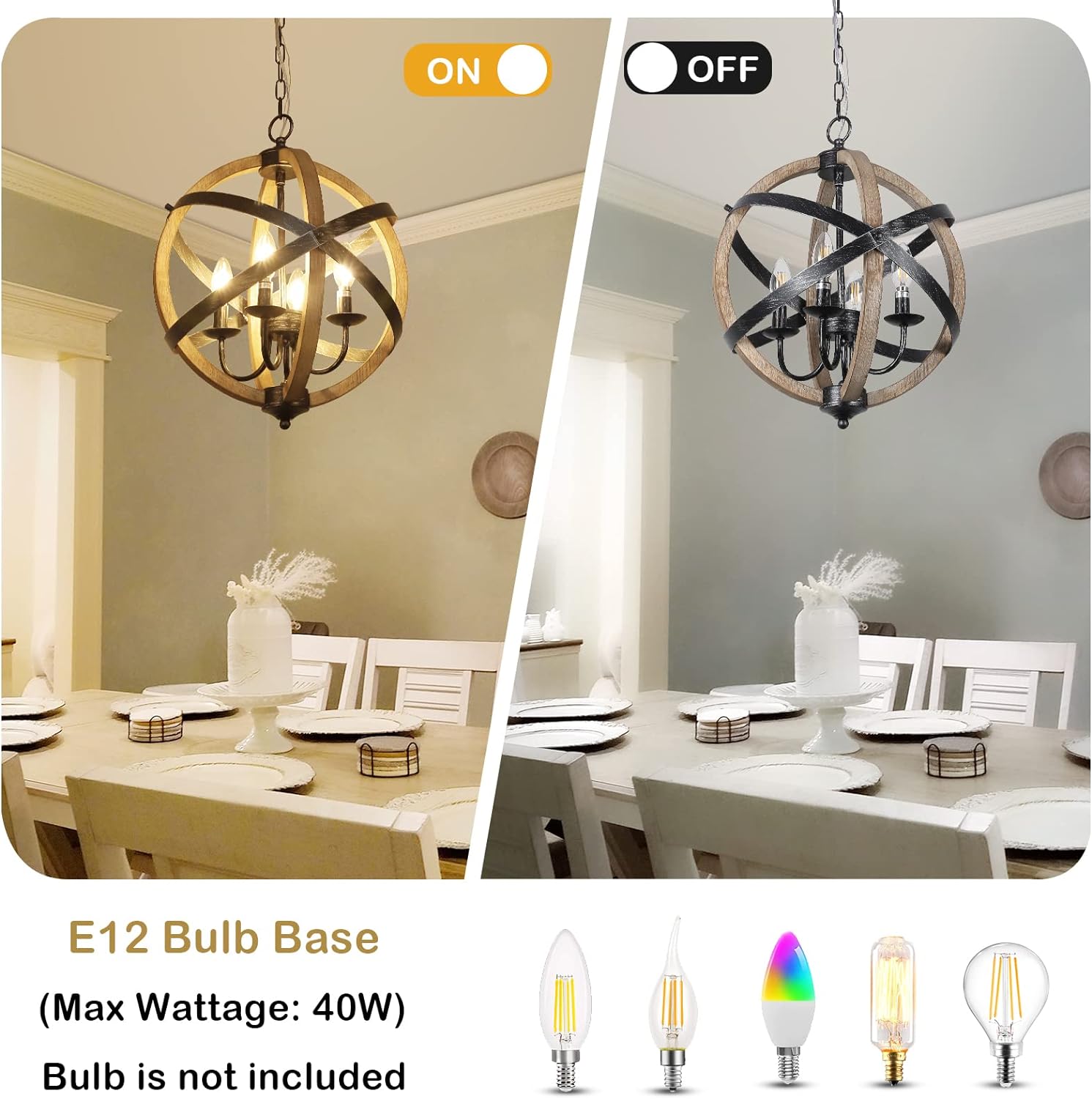 Rustic orb chandelier with wood and black metal accents perfect for dining rooms