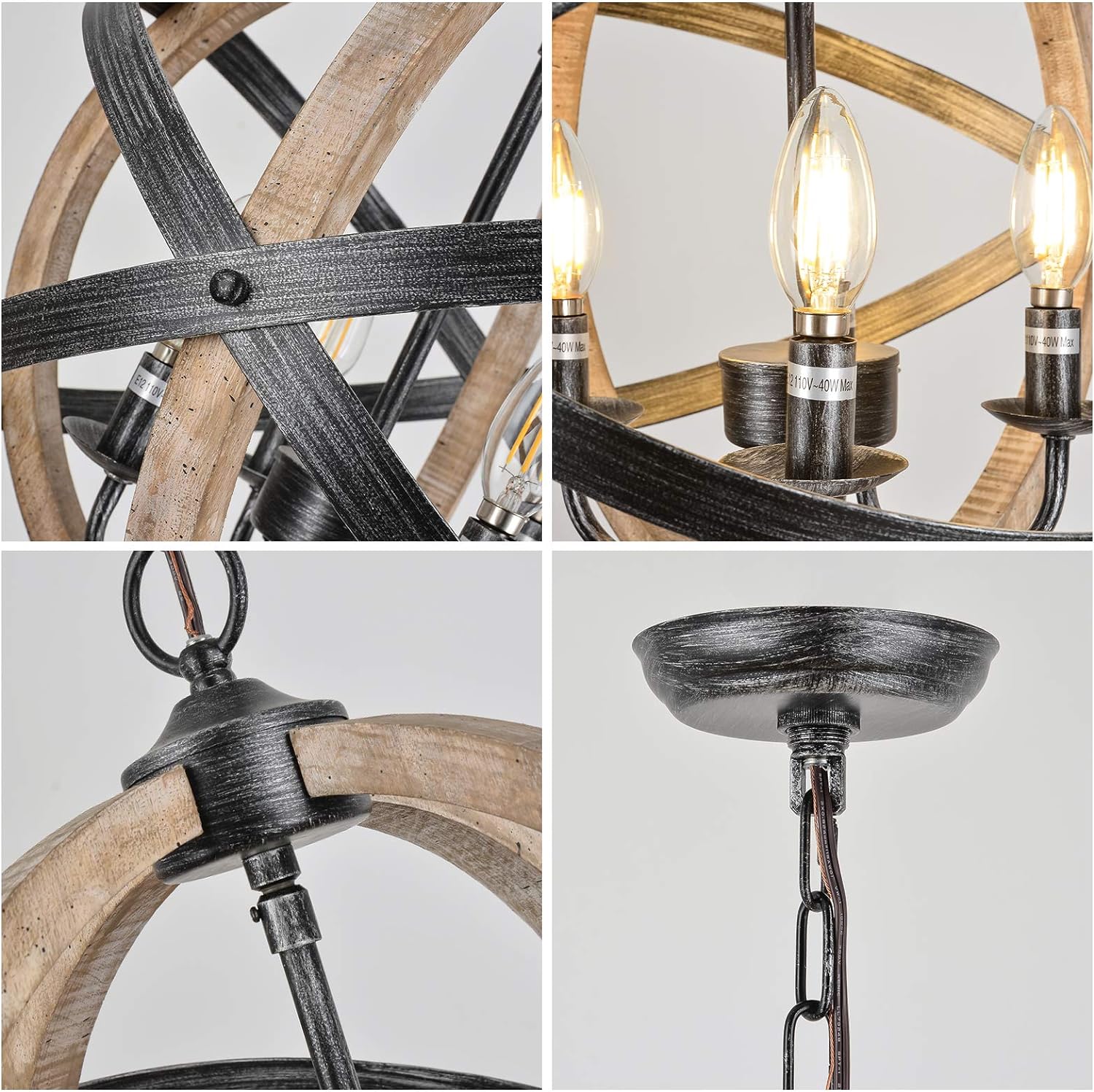 Farmhouse wagon wheel chandelier with distressed wood and black metal accents showing bulb details