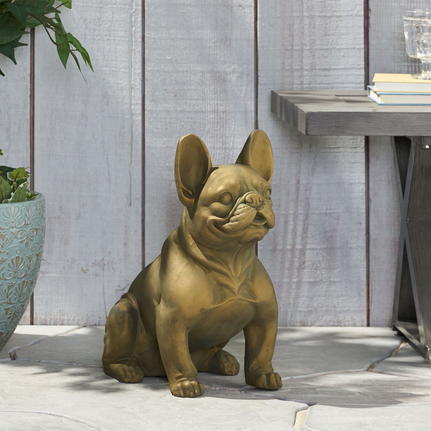 Gold French Bulldog garden statue with realistic details perfect for outdoor decor