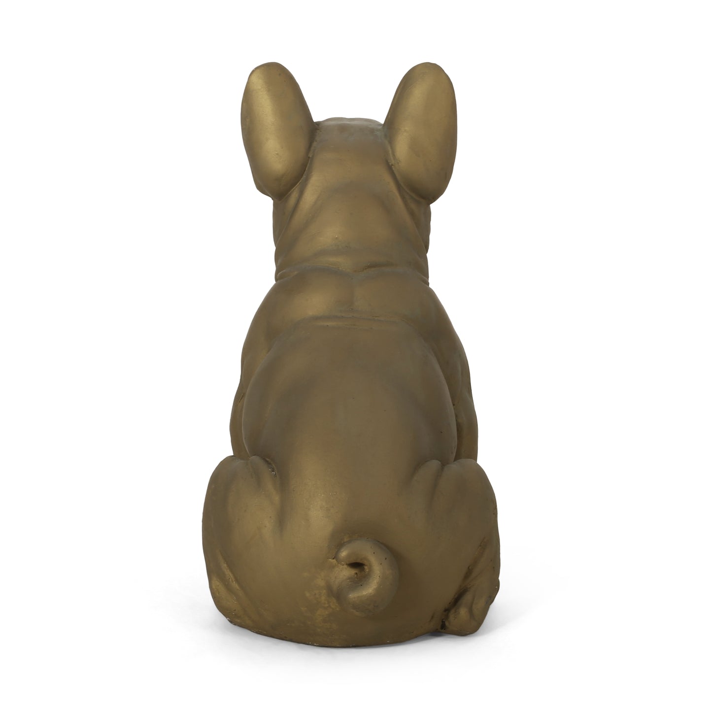 Gold French bulldog statue sitting view with detailed ears and curled tail accent