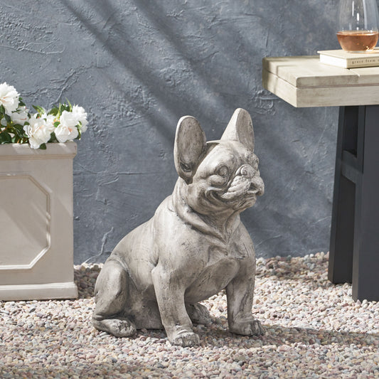 Gray stone French bulldog garden statue with detailed texture perfect outdoor decor