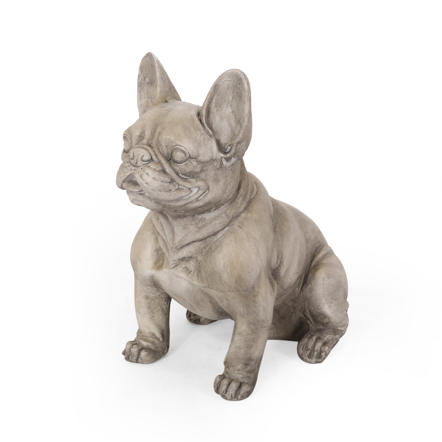 Grey concrete French bulldog statue with large ears sitting attentively