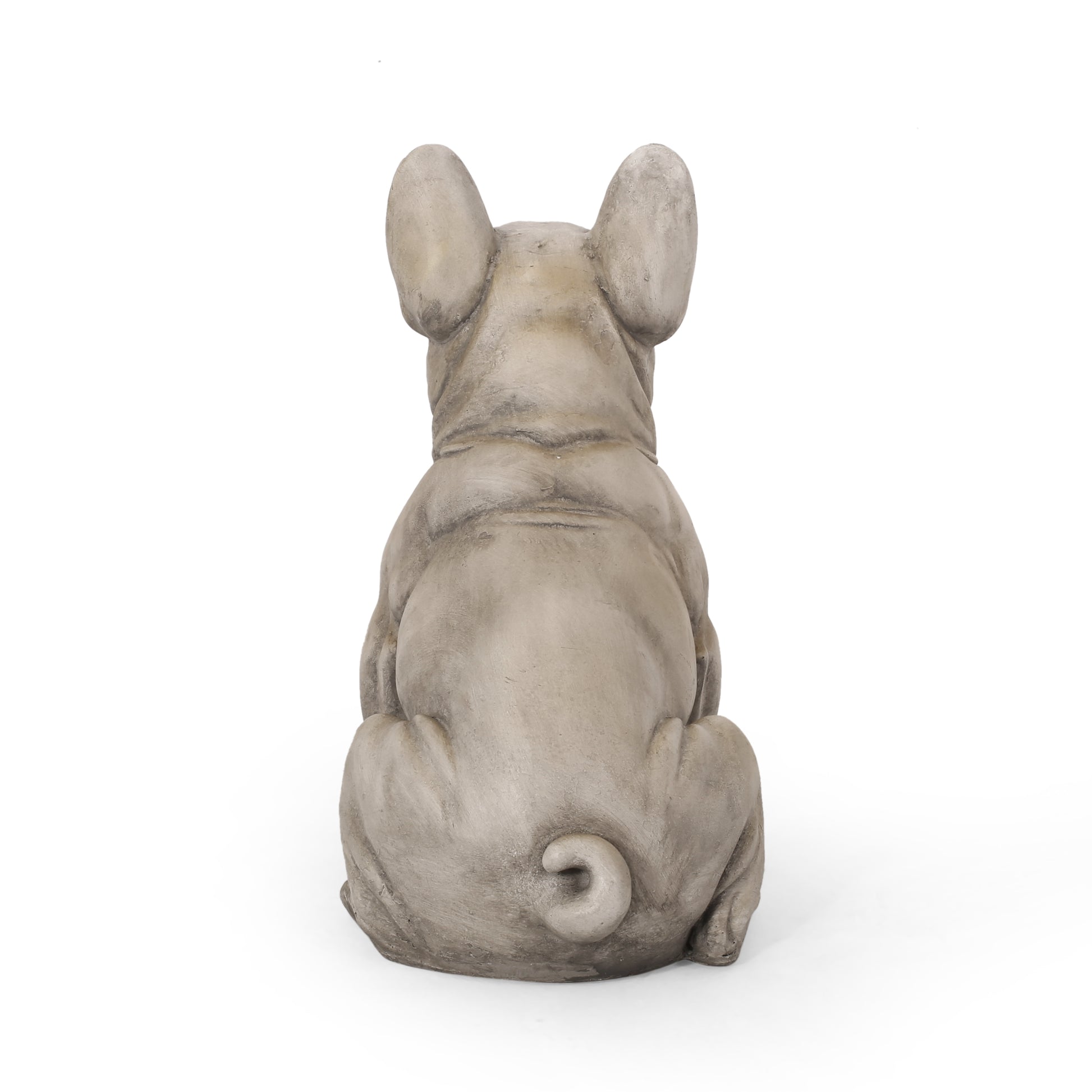 Gray concrete French bulldog statue with curled tail garden decor