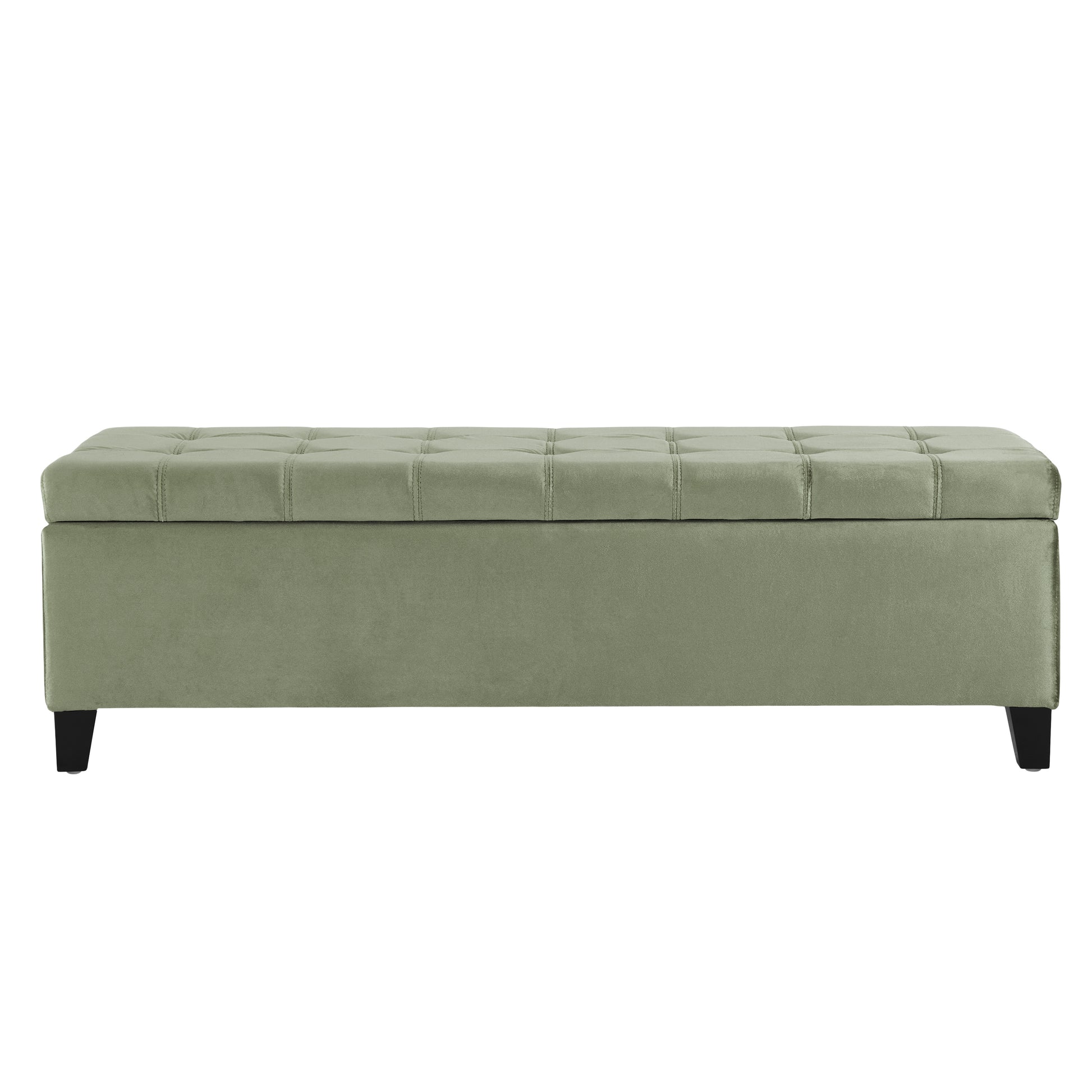 Sage green velvet storage ottoman with tufted top and dark wooden legs