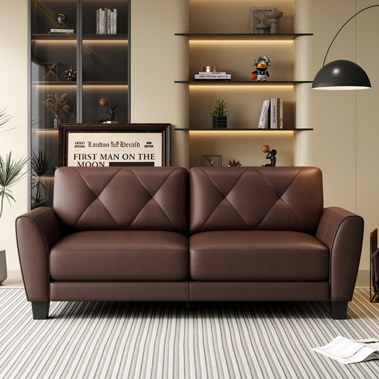 Brown leather tufted sofa with diamond pattern stitching modern living room furniture