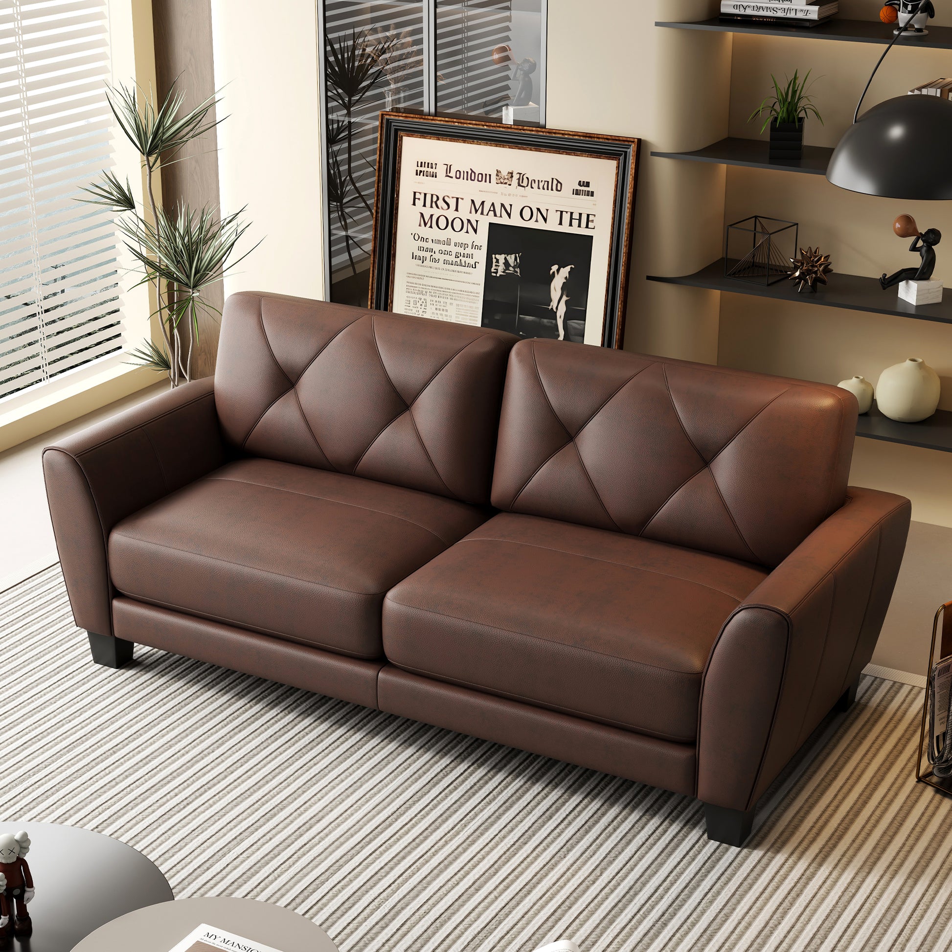 Brown leather couch with diamond tufting modern living room style