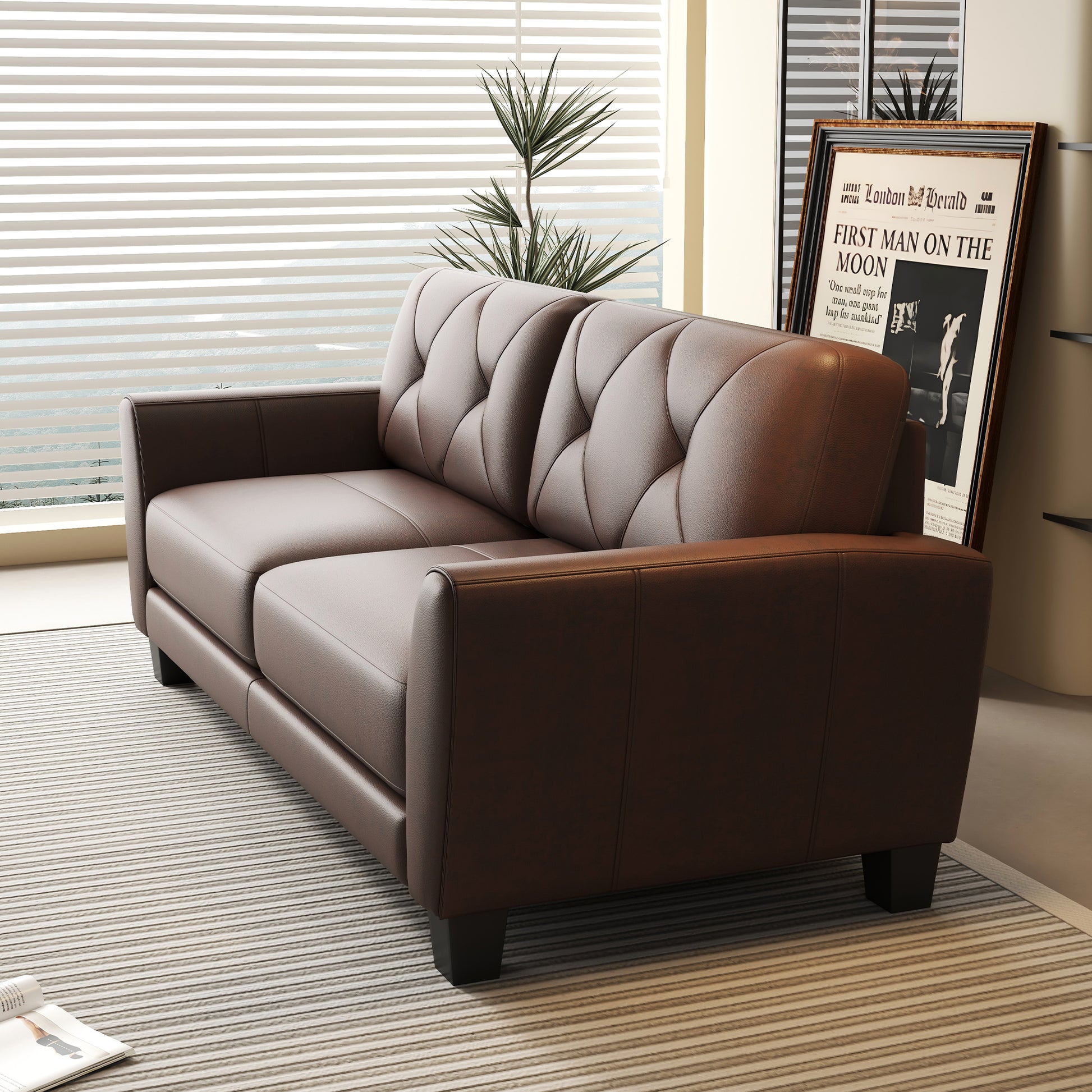 Rich brown tufted leather sofa with diamond stitching and elegant design perfect for a living room