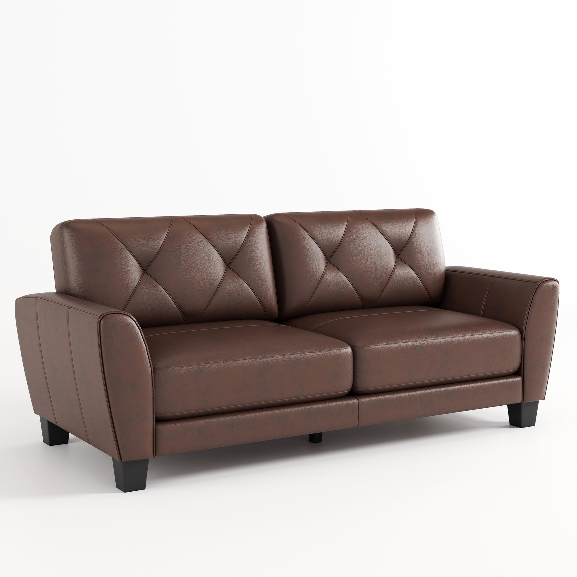 Brown leather loveseat with diamond tufting on seat and back cushions