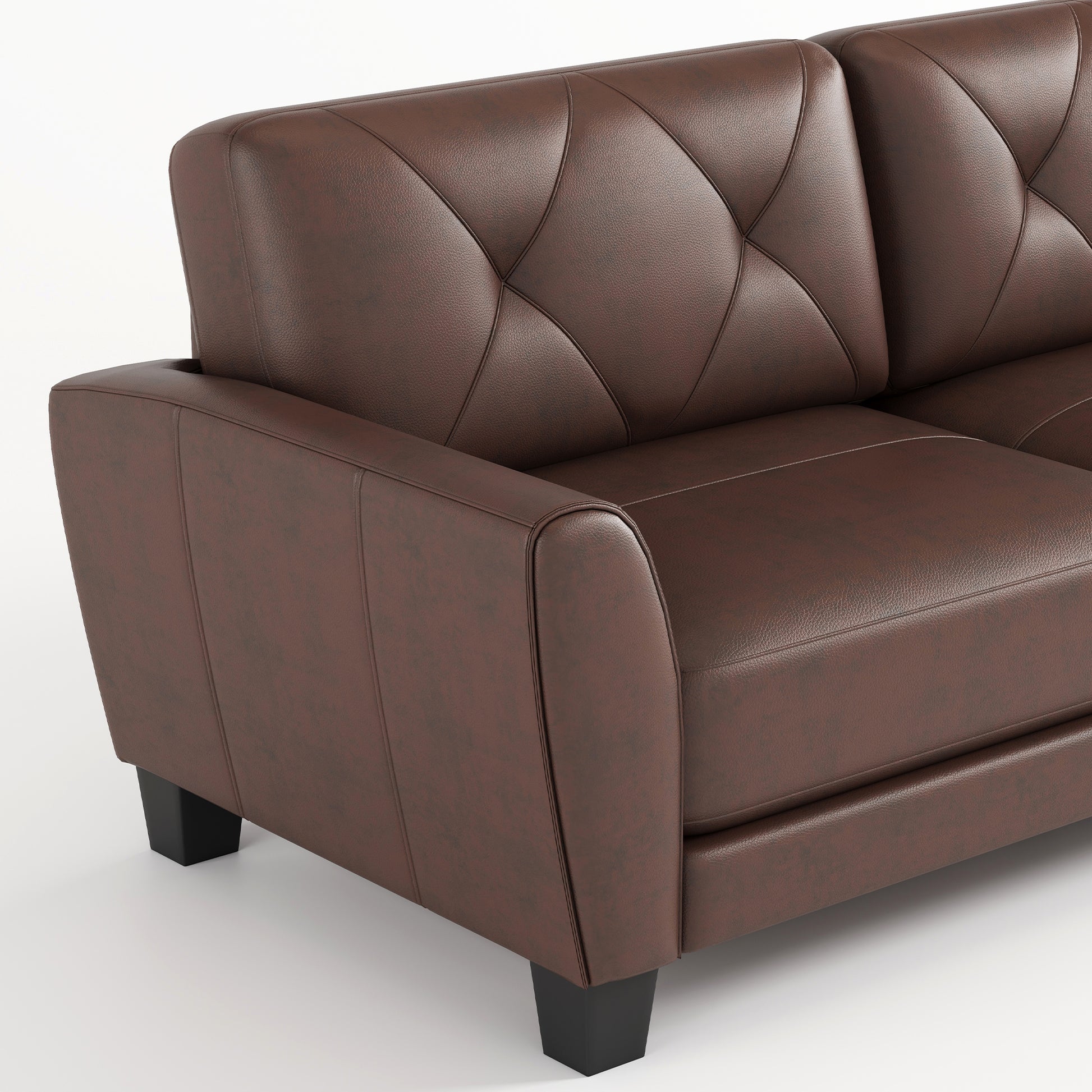 Tufted brown leather sofa with diamondpatterned back cushions