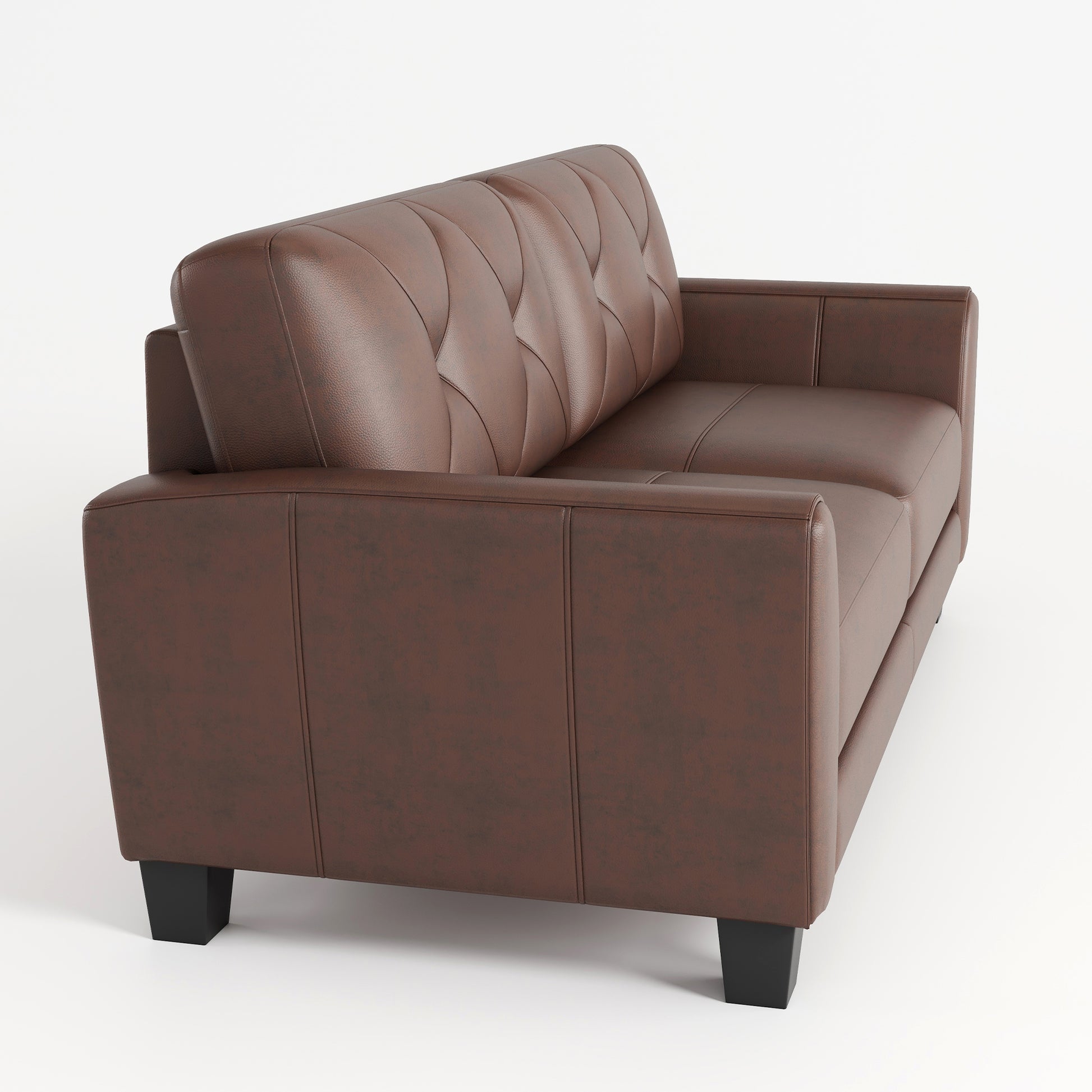 Brown faux leather sofa with diamond tufting and modern black legs