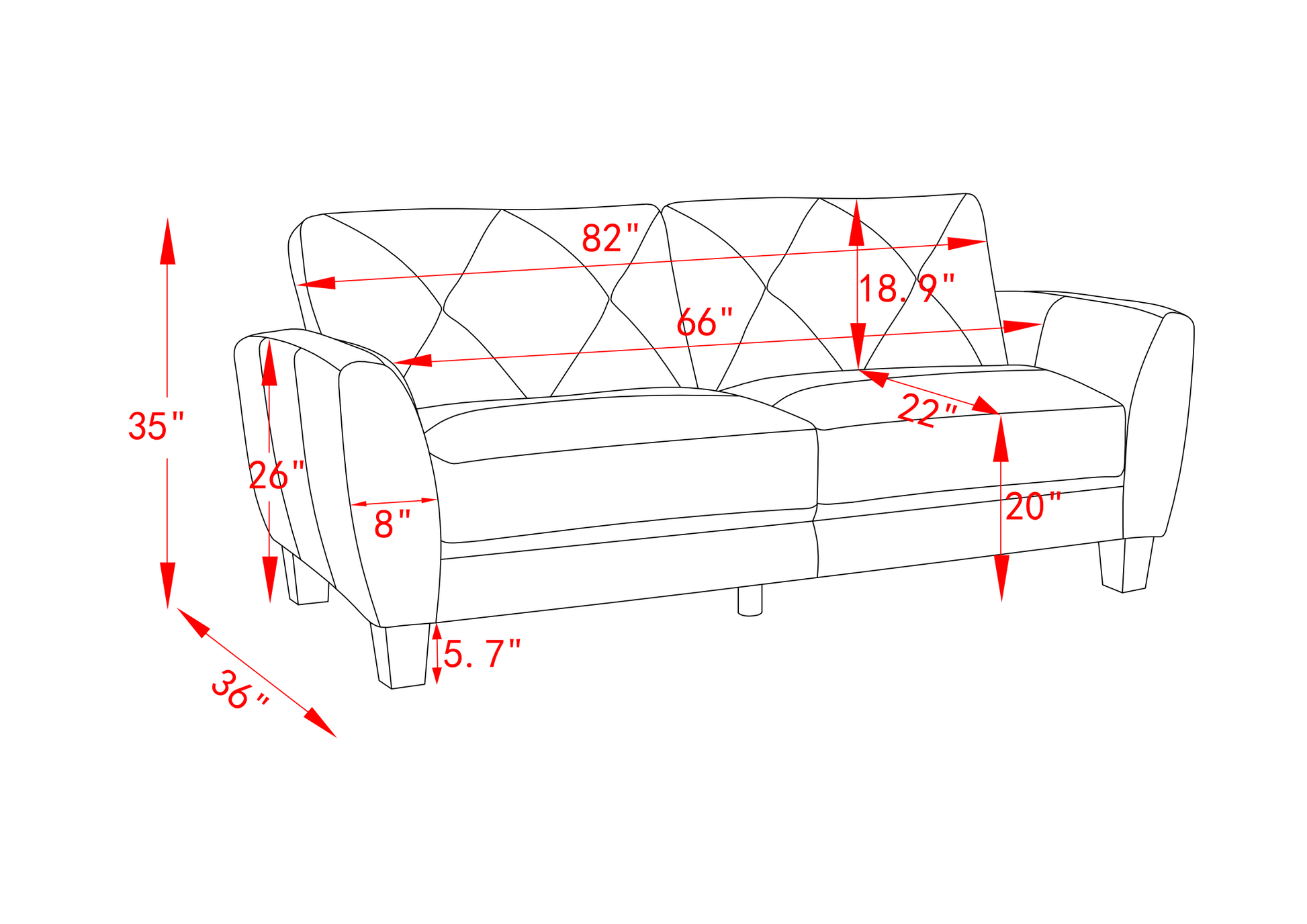 Line drawing of a modern sofa with dimensions  W x  D x  H
