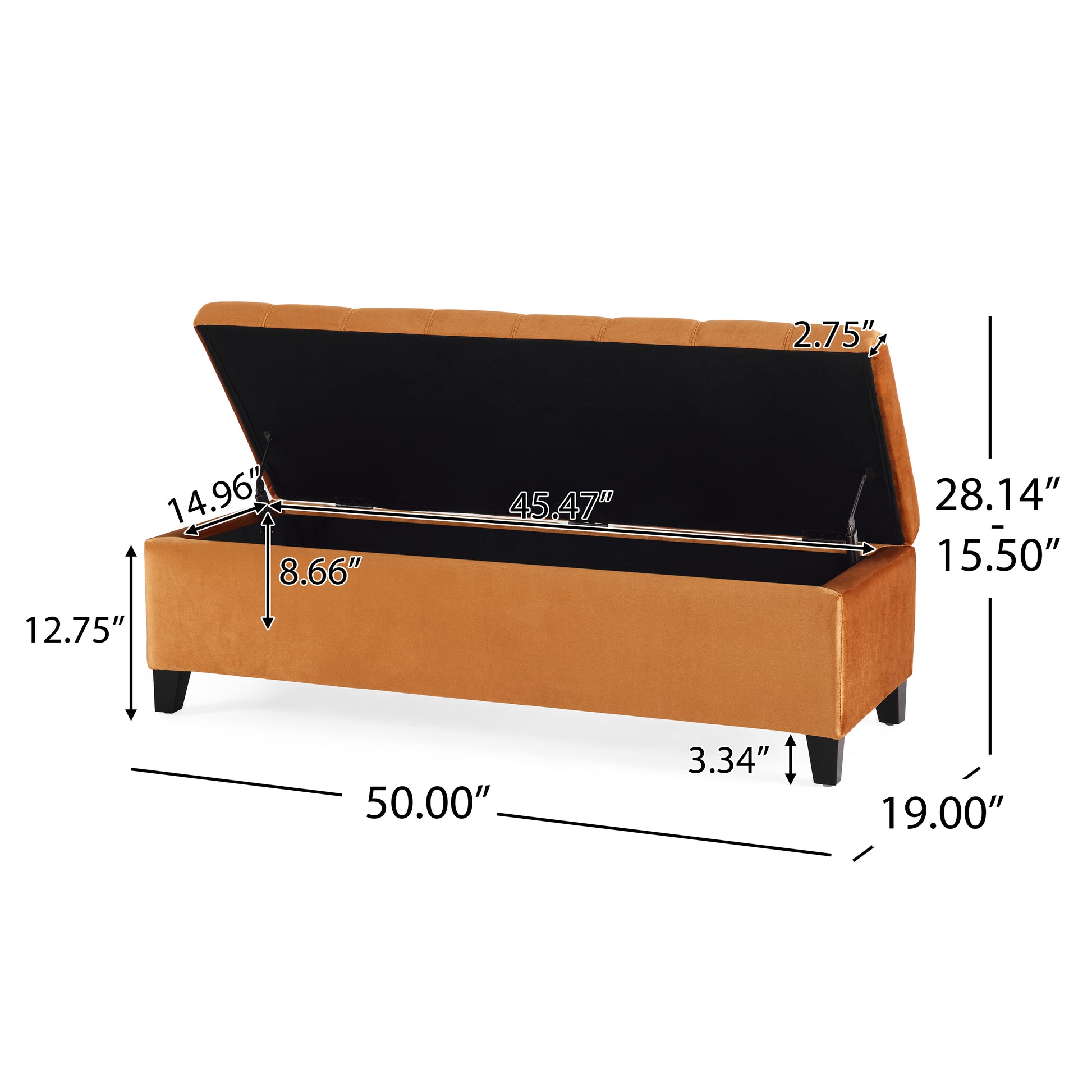 Orange velvet storage bench with tufted lid and hidden interior compartment
