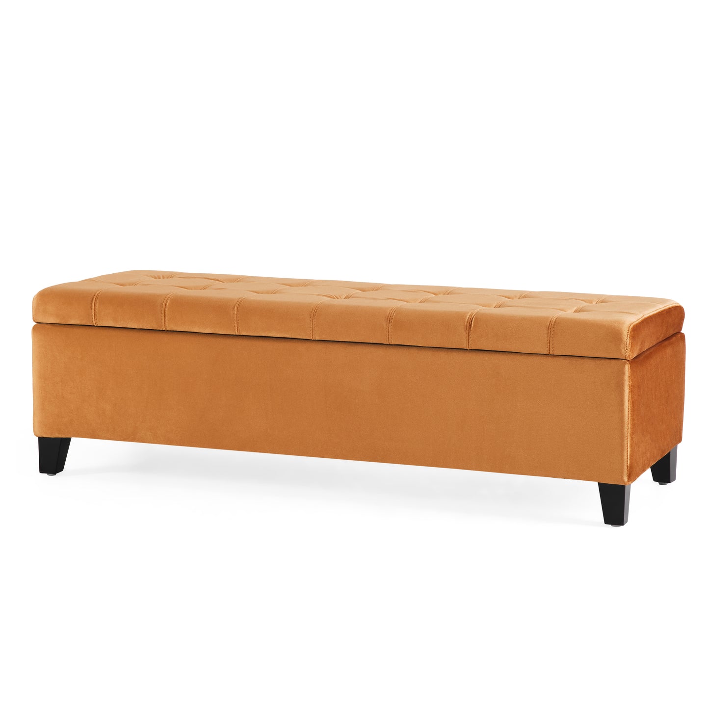 Orange velvet storage bench with tufted lid and black legs for entryway organization