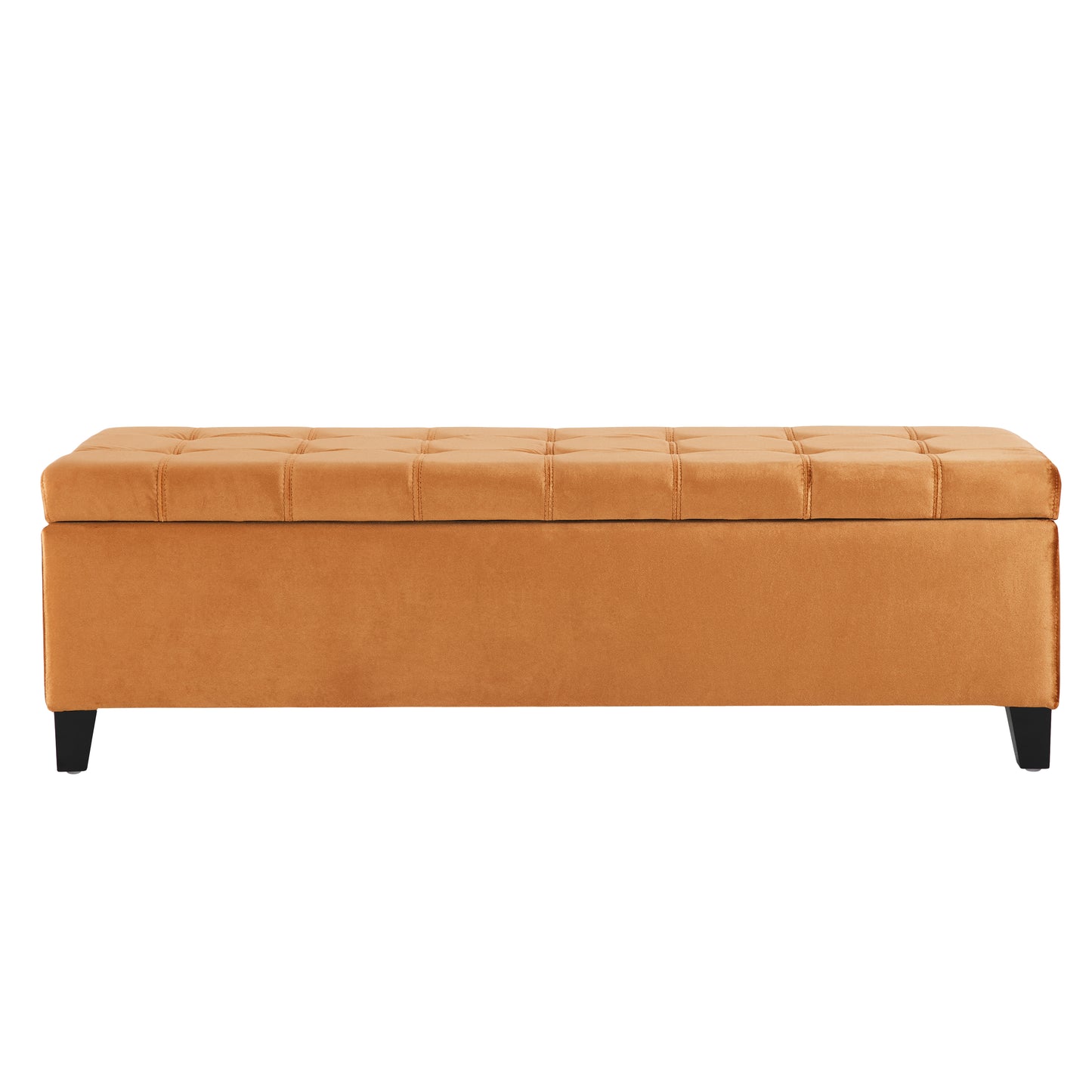 Orange velvet storage ottoman with tufted top and black legs