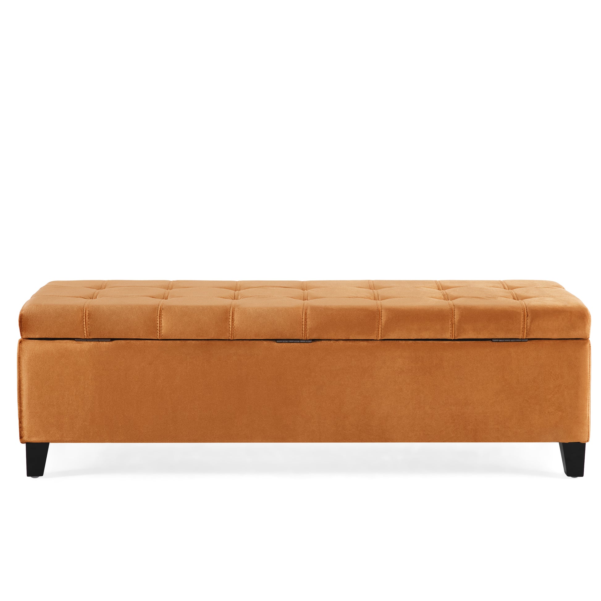 Tufted velvet storage ottoman in rich amber perfect for entryway seating