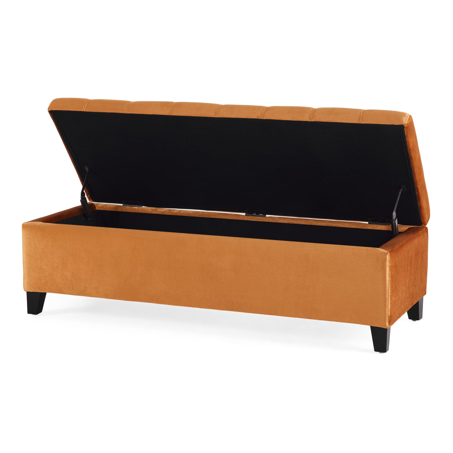 Orange velvet storage bench with tufted lid open to reveal black interior