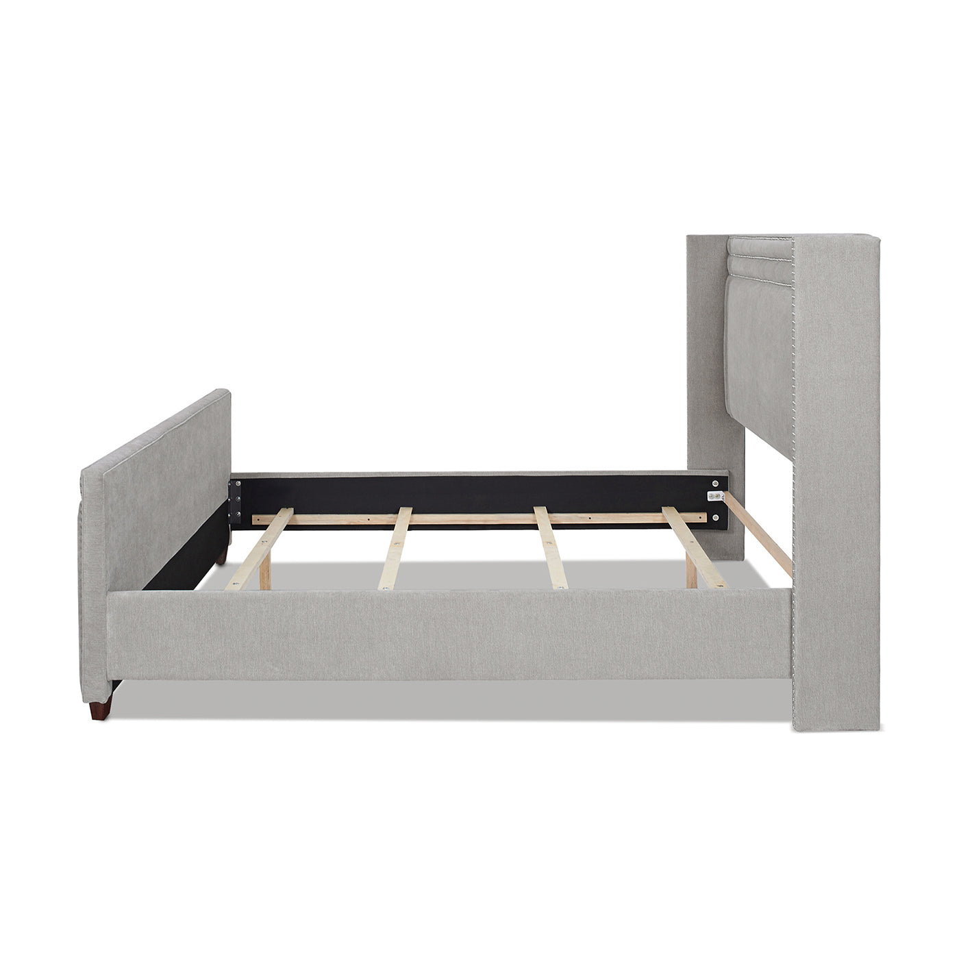 Gray upholstered platform bed frame with tufted headboard and wooden slats