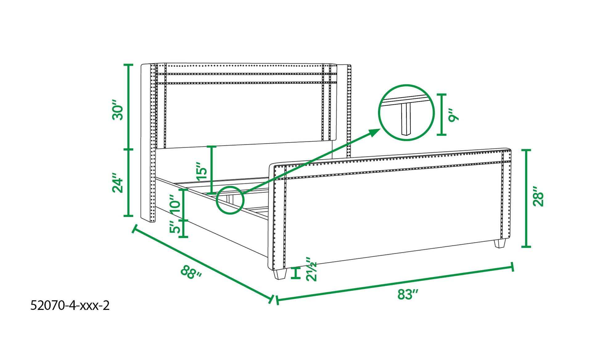 Detailed diagram of a tufted upholstered bed frame with dimensions