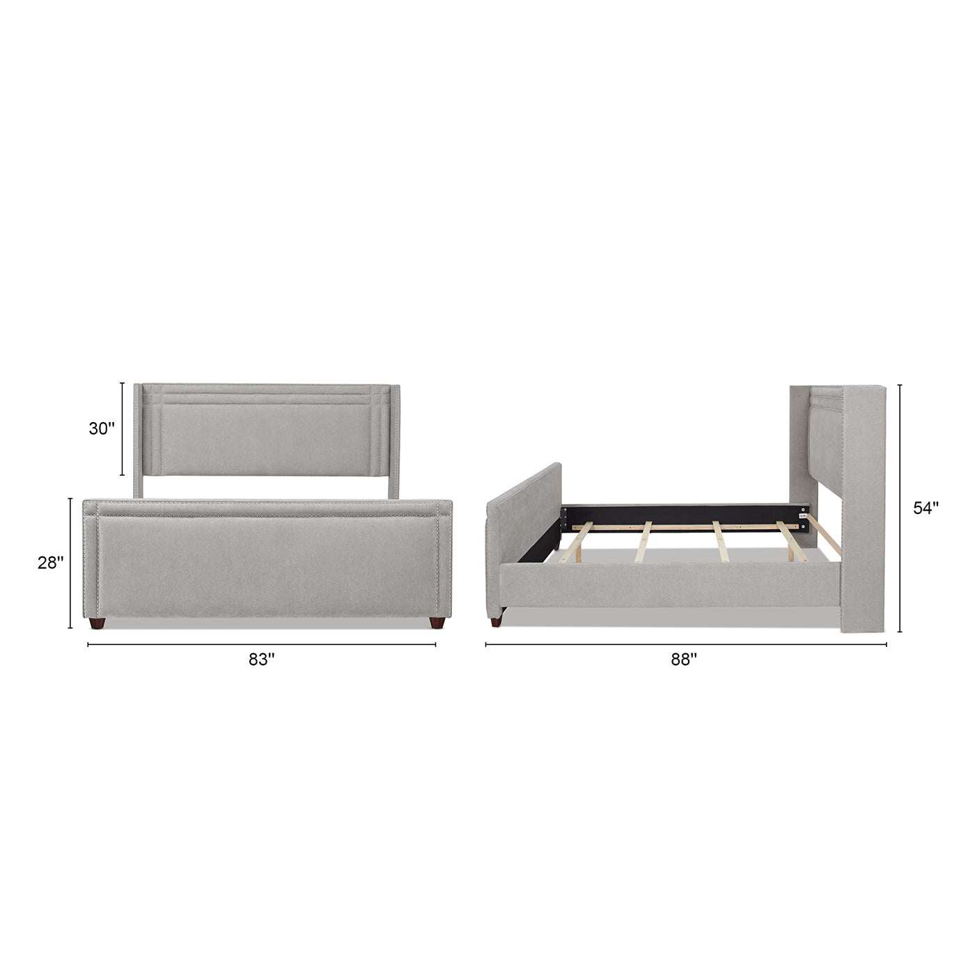 Light gray upholstered platform bed with tufted headboard and wooden slats
