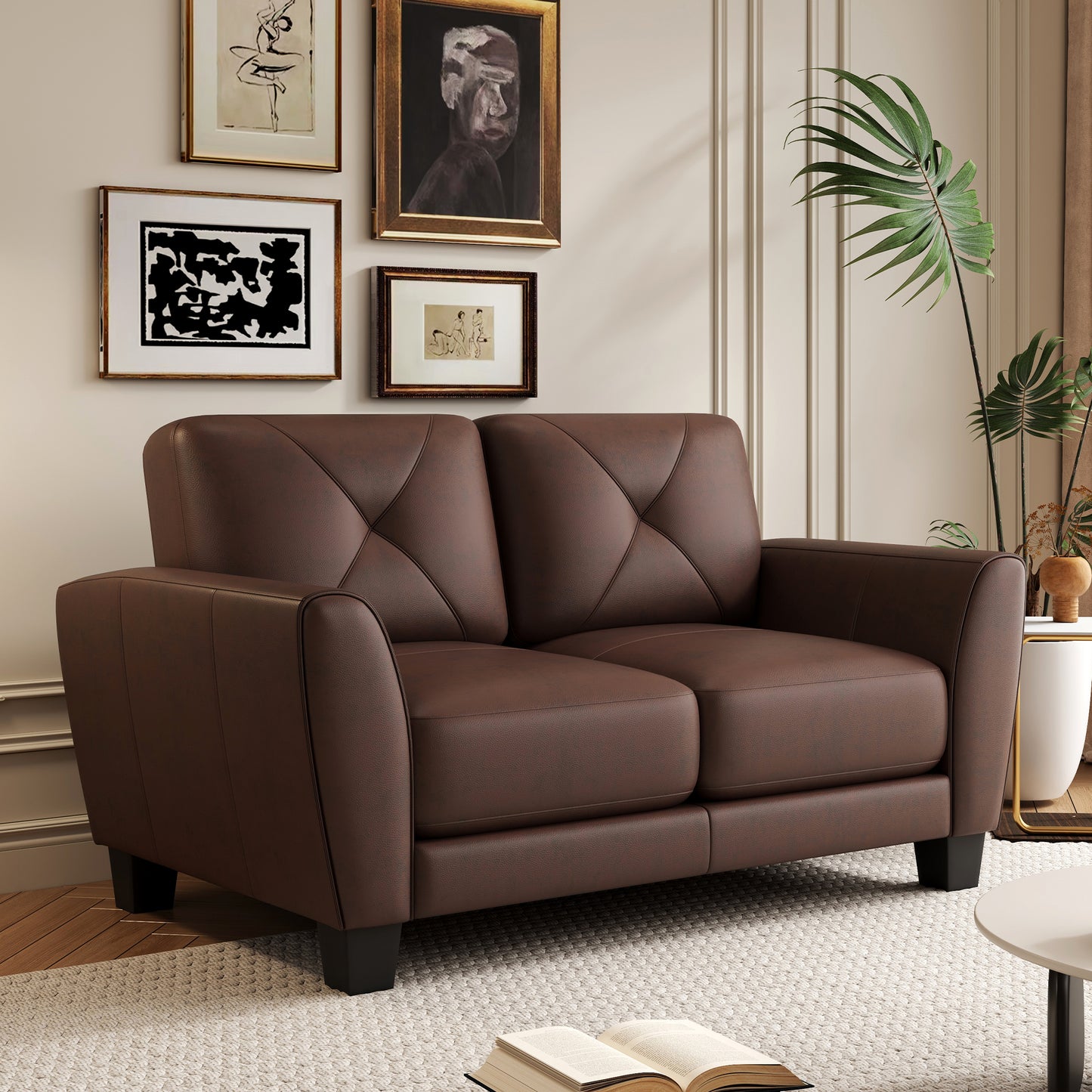 Tufted brown faux leather loveseat with diamond stitching and square arms