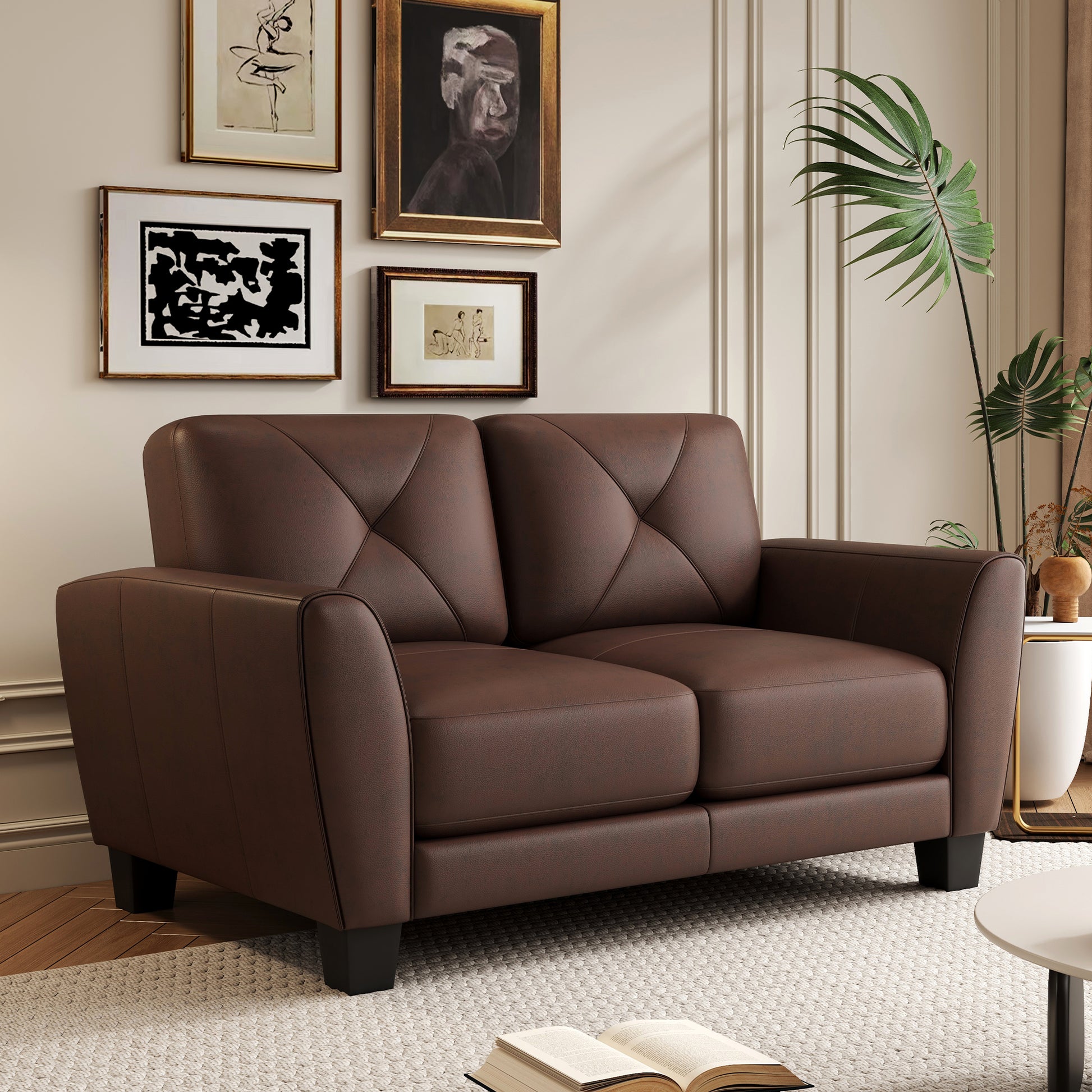 Tufted brown faux leather loveseat with diamond stitching and square arms