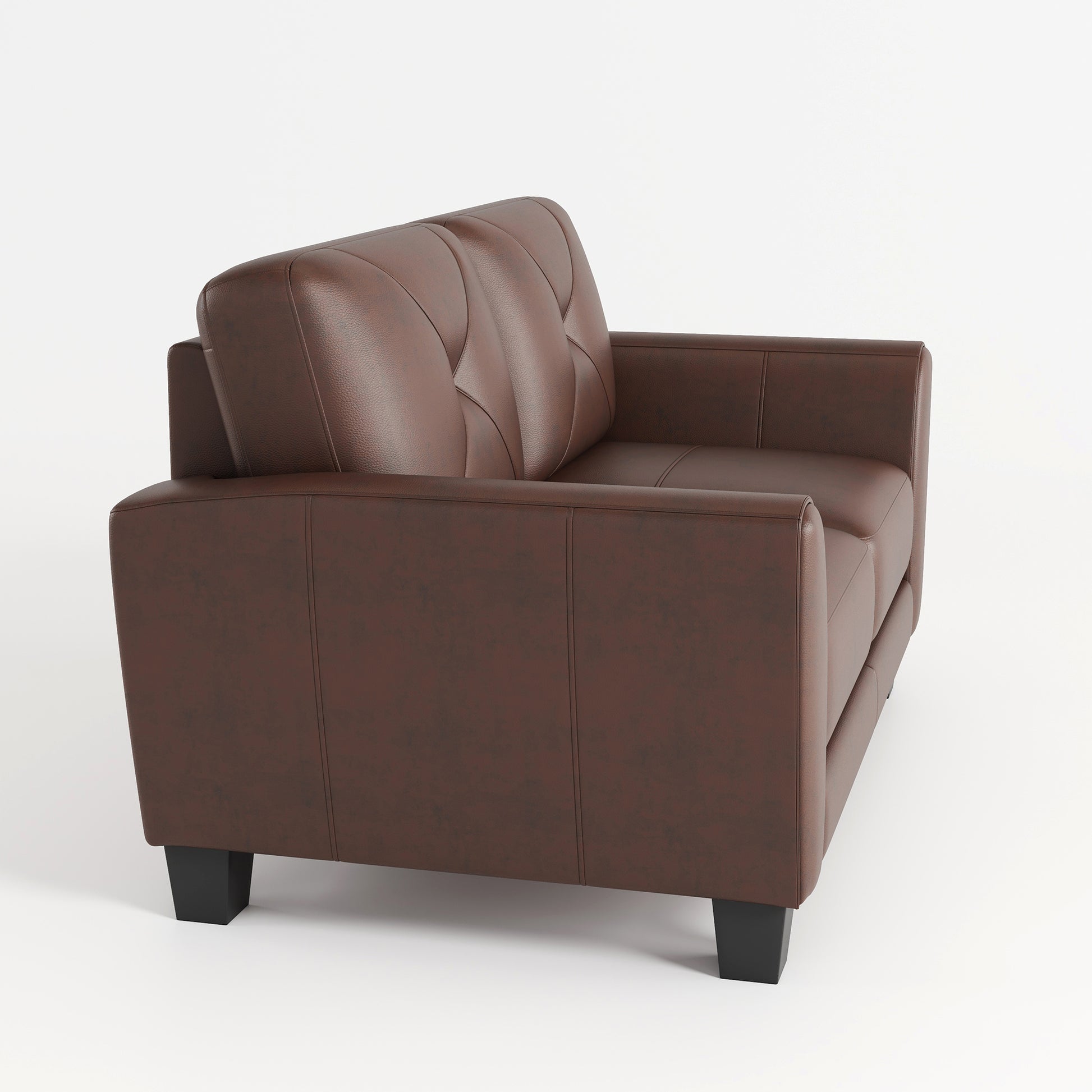 Brown leather sofa with tufted back cushions and square black legs