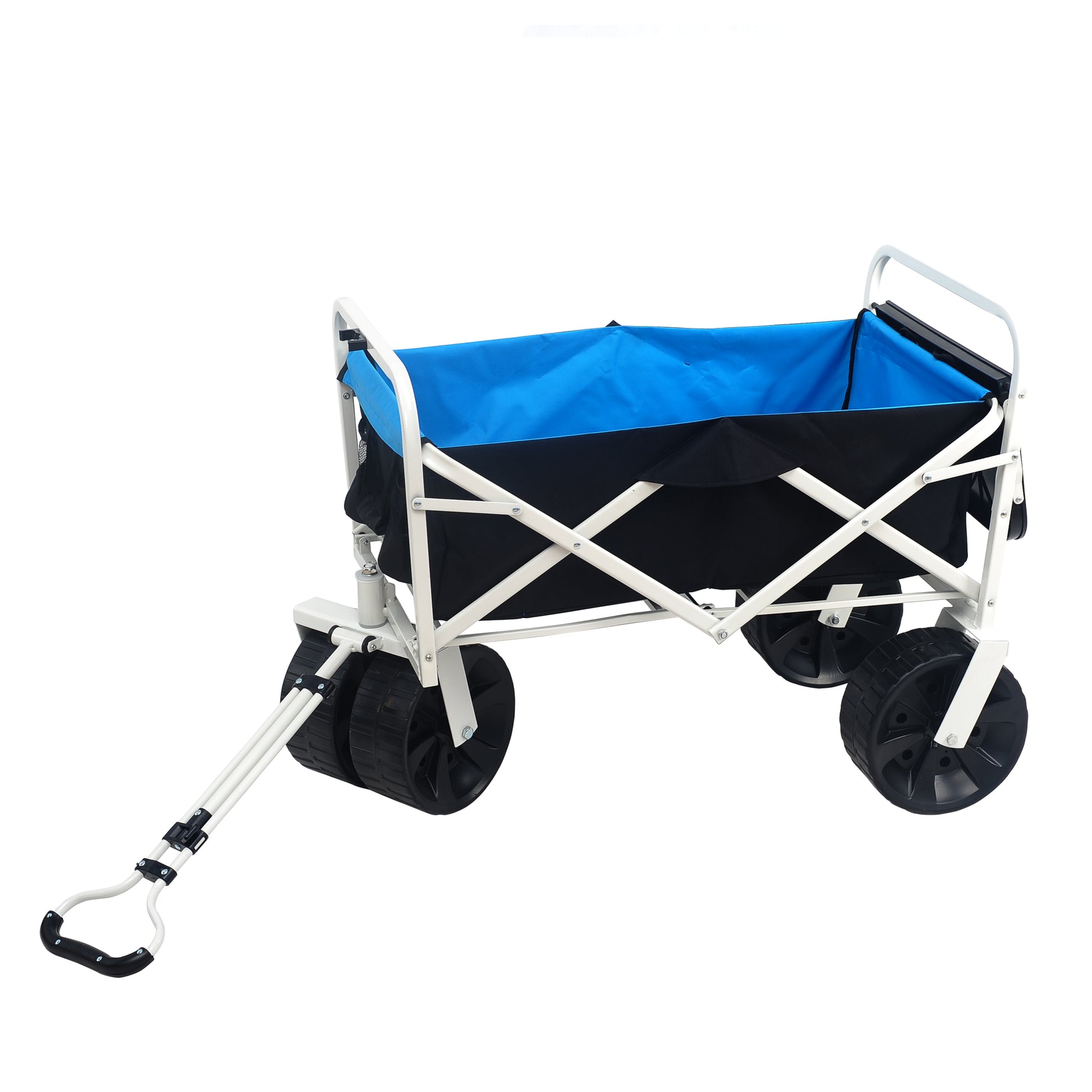 White folding wagon with blue interior and black wheels perfect for beach trips