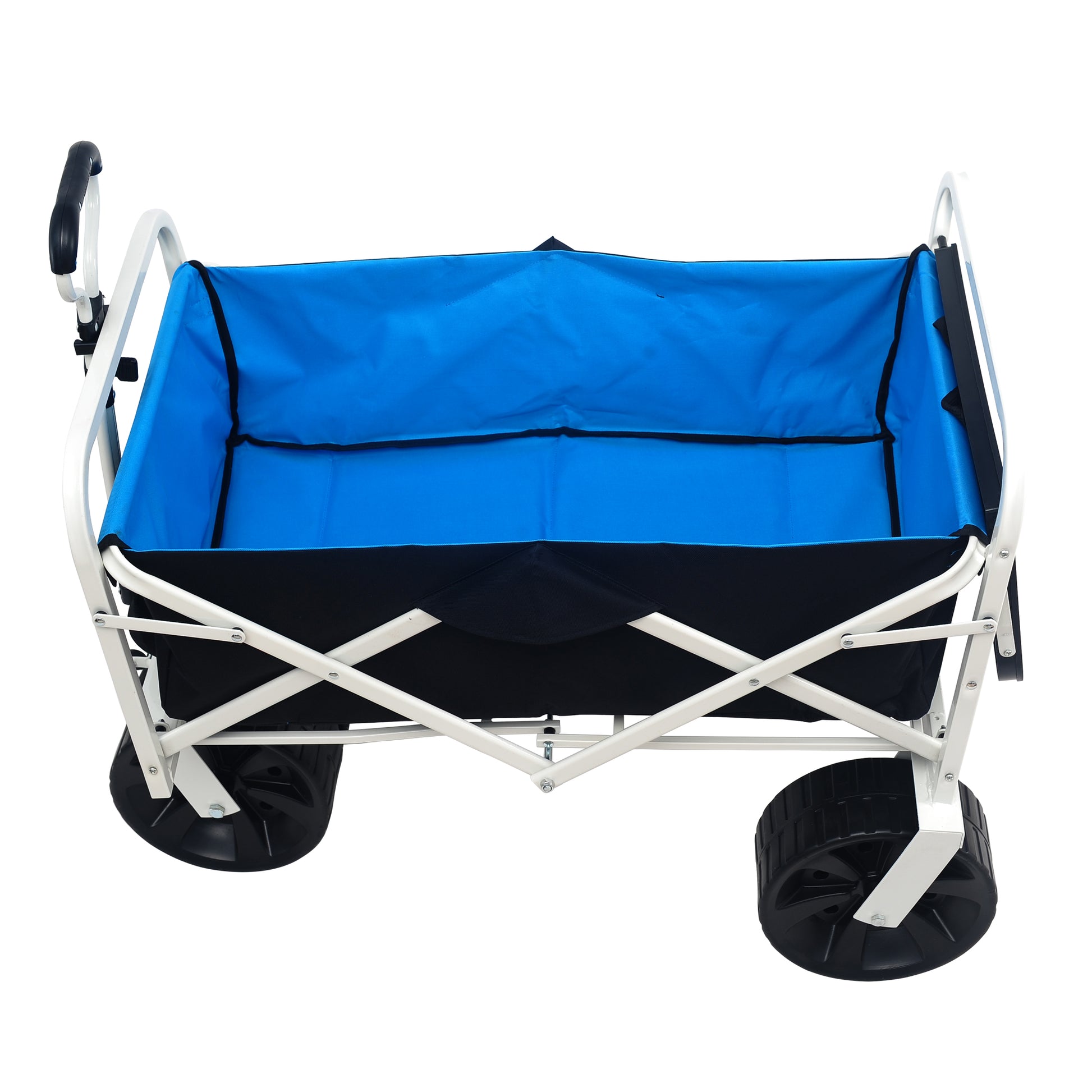 Blue collapsible wagon with white frame and large black wheels perfect for beach trips