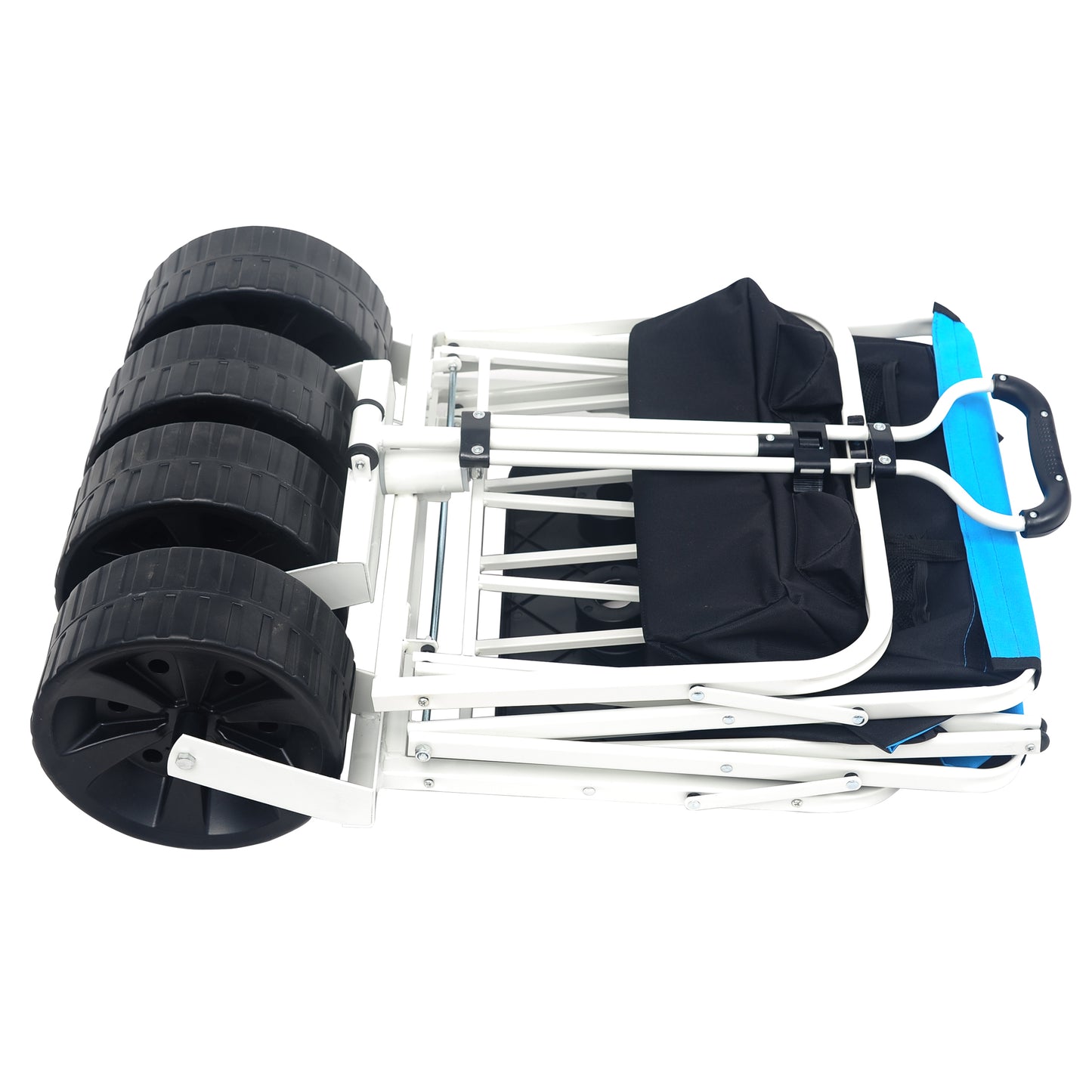 Collapsible beach wagon with four large black wheels and white frame folded state