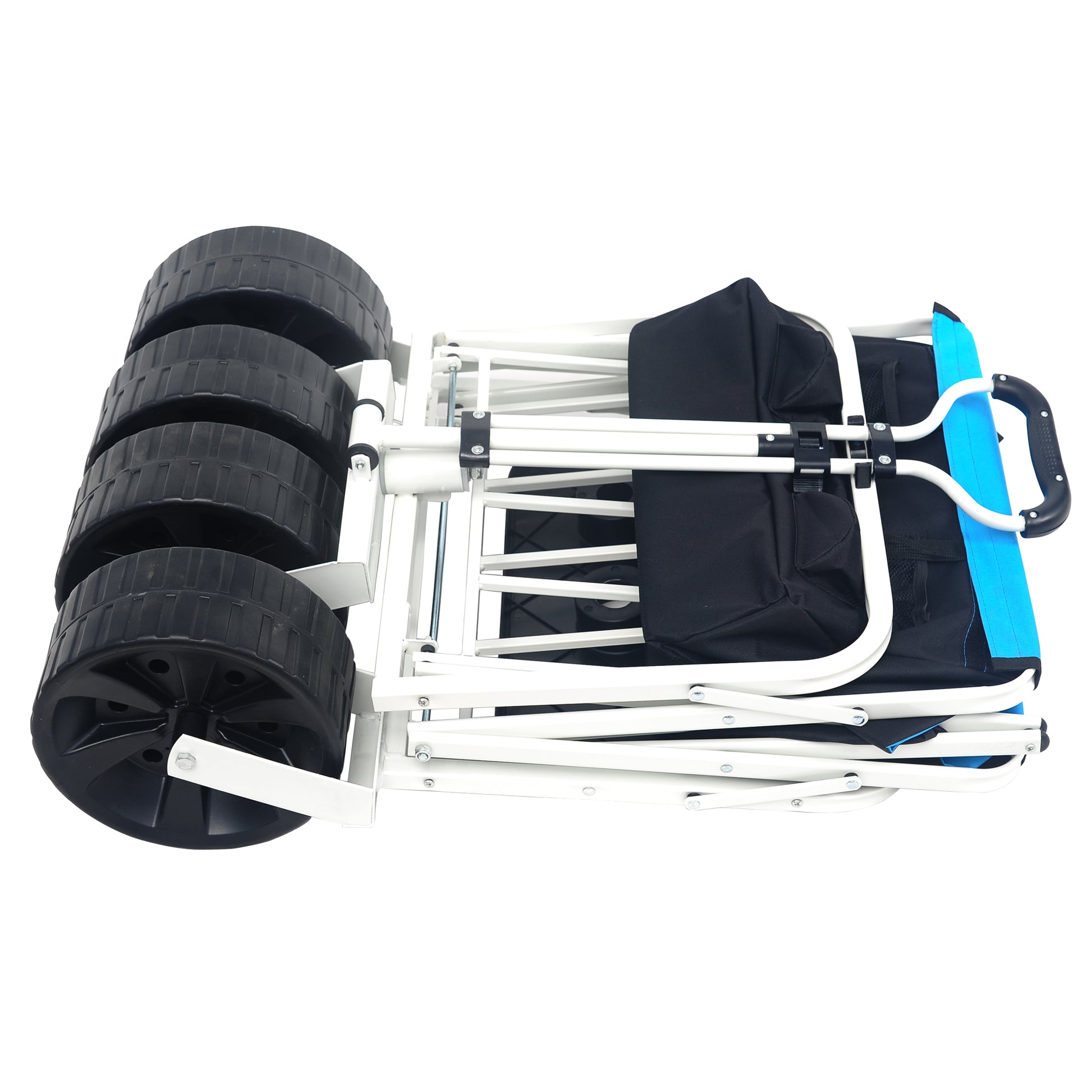 Collapsible beach wagon with four large black wheels and white frame folded state