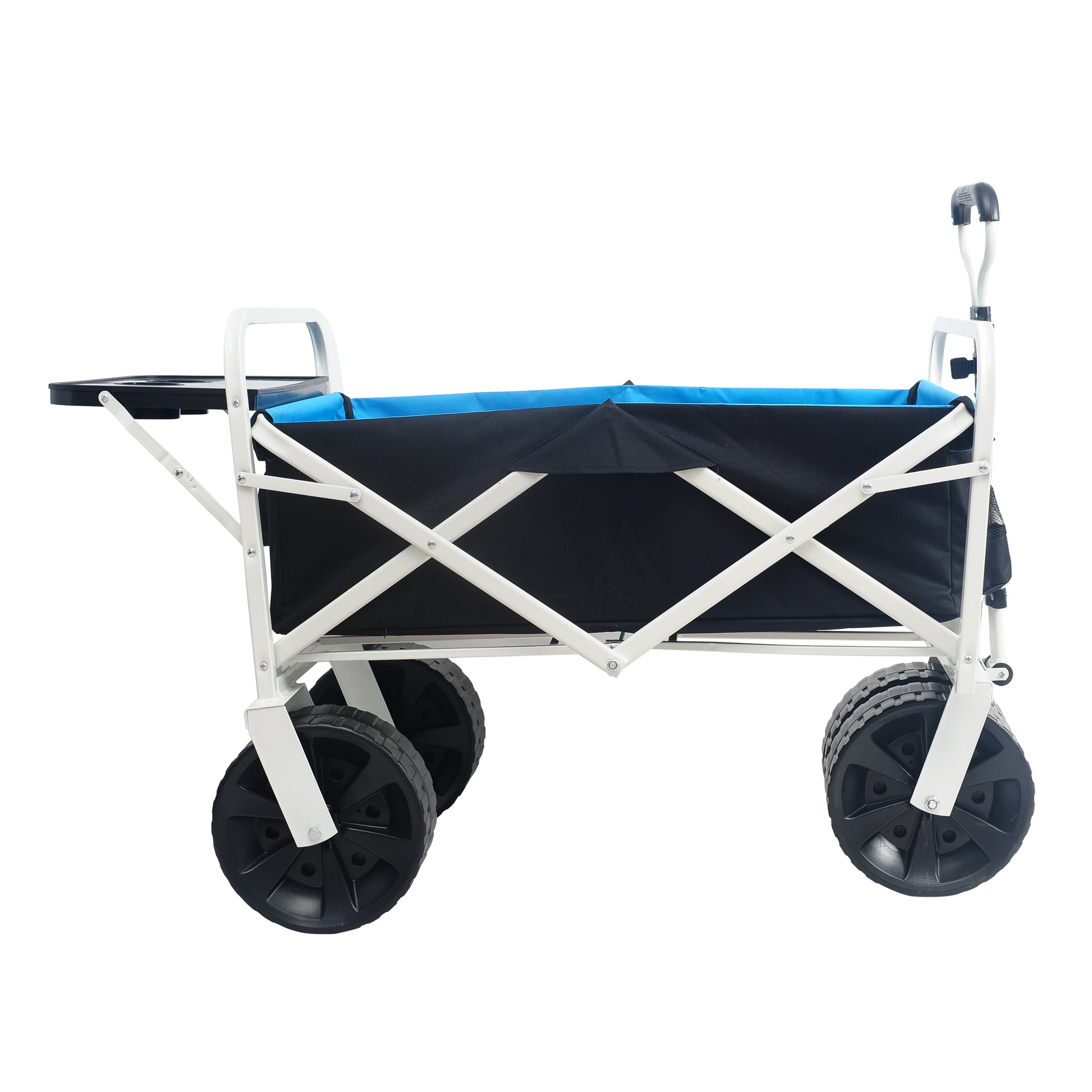 White metal frame wagon with black fabric and blue lining featuring allterrain wheels