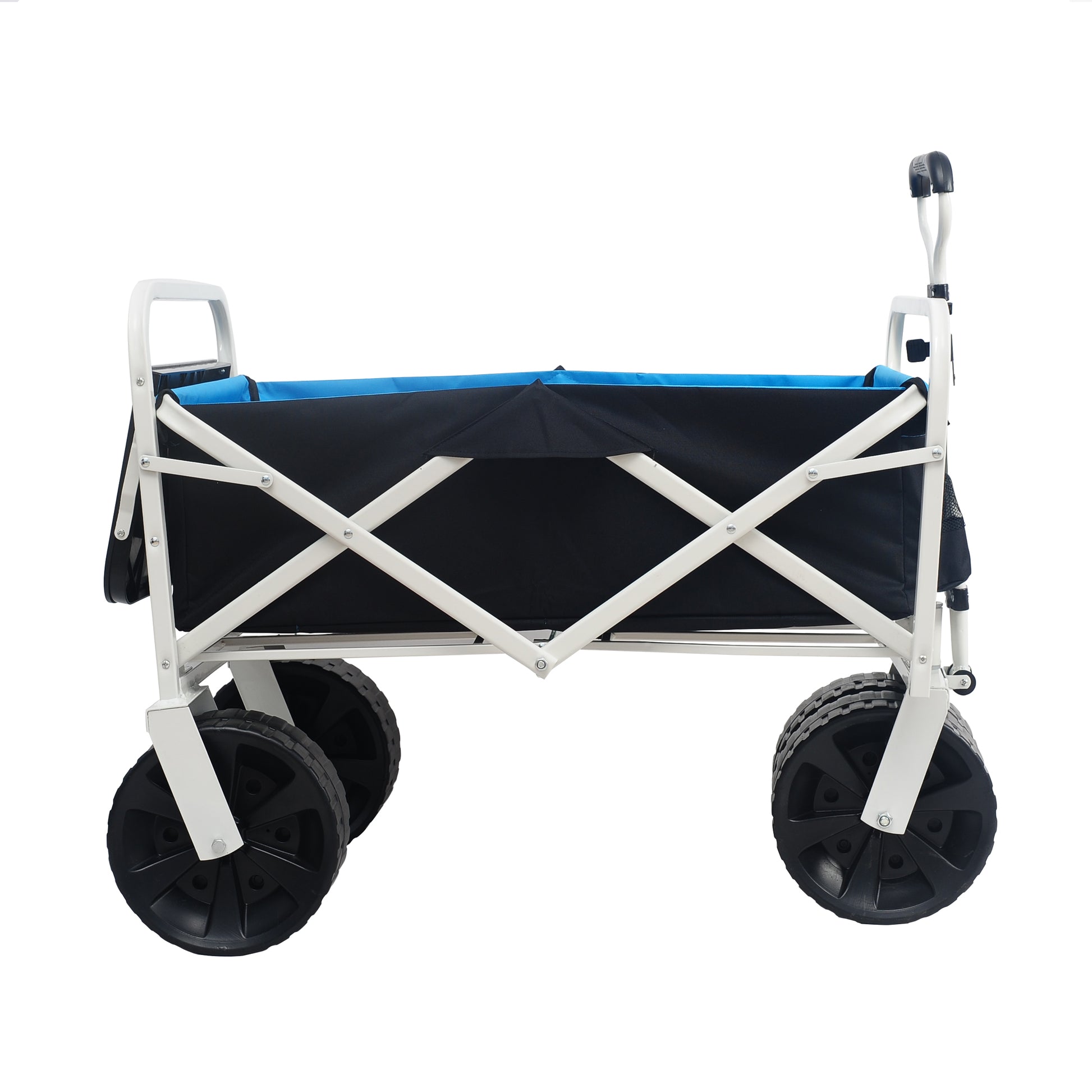 Blue and black folding utility wagon with large wheels