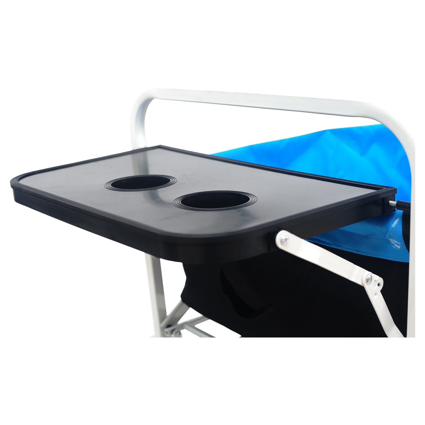 Black plastic tray with dual cup holders attached to a portable chair frame