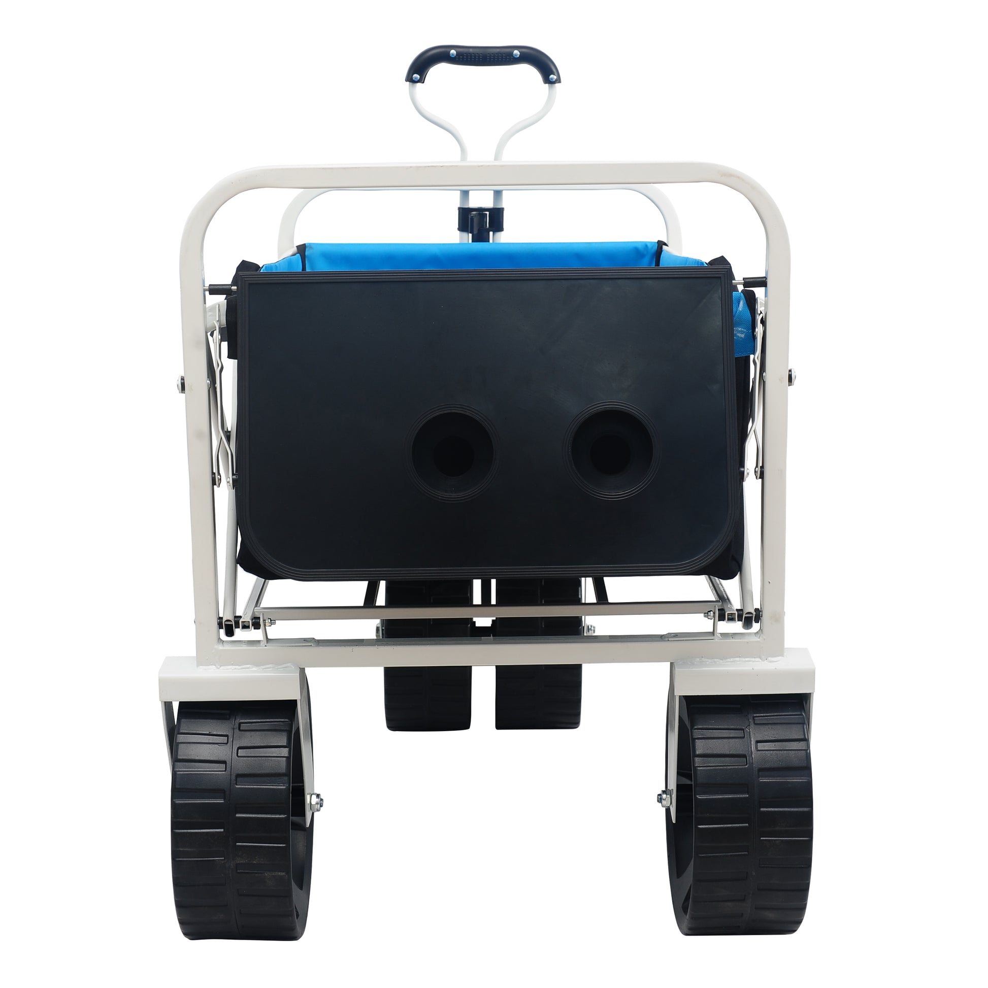 White folding wagon with blue fabric liner and dual cup holders on black tray