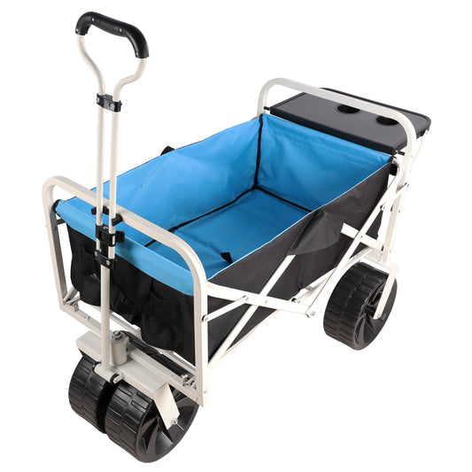 Blue canvas folding wagon with builtin tray and cup holders for outdoor use