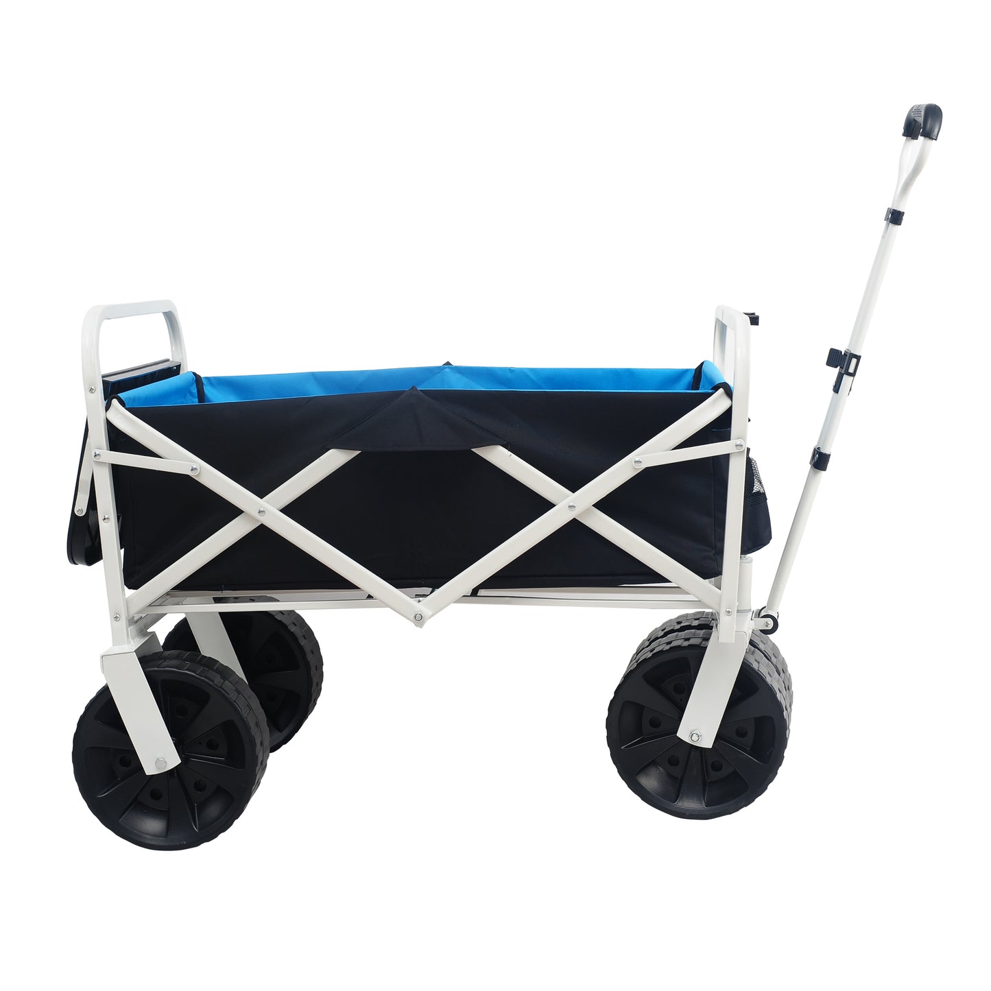 White metal foldable wagon with black fabric bin and blue lining ideal for outdoor use
