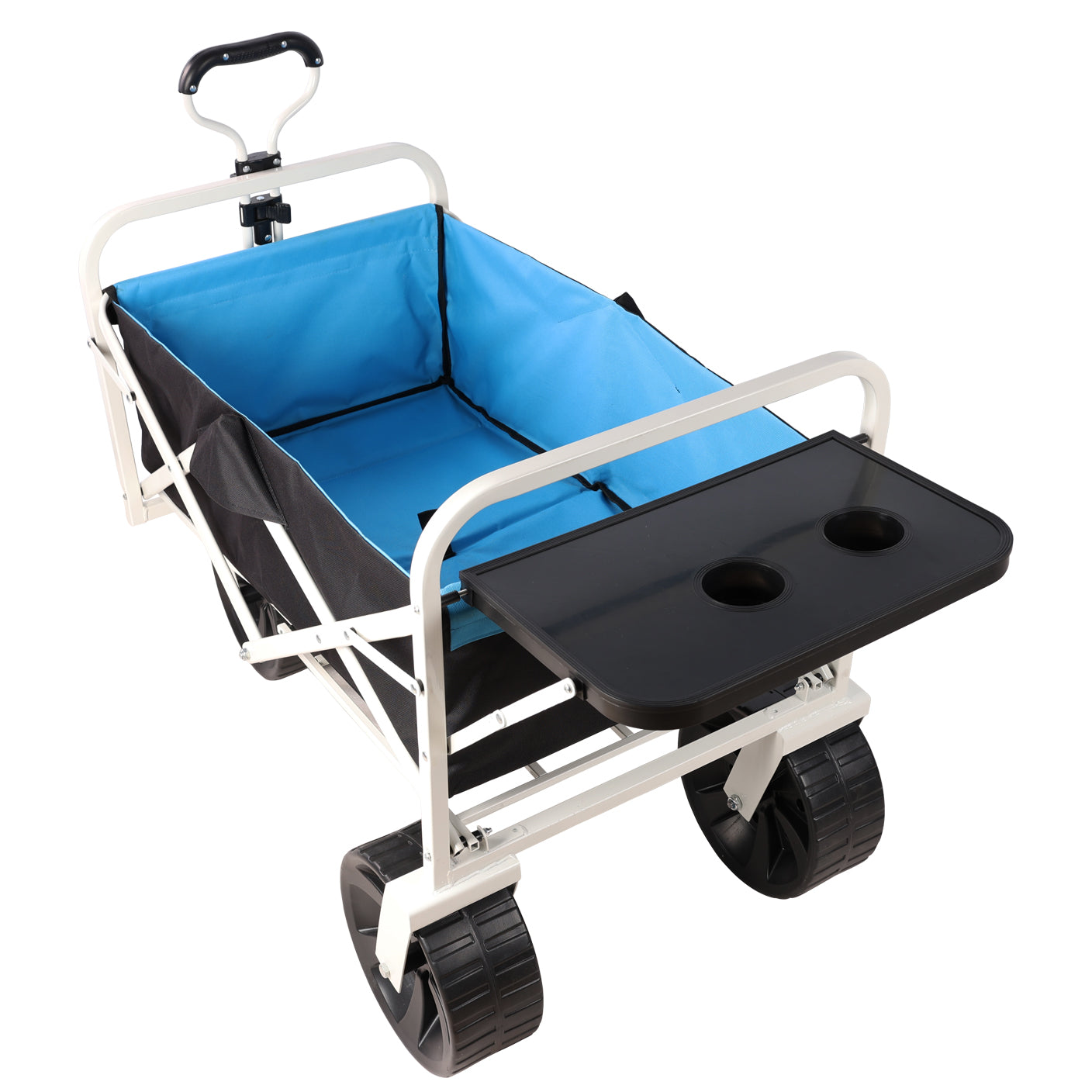 Blue and black collapsible wagon with a builtin tray and cup holders for outdoor adventures