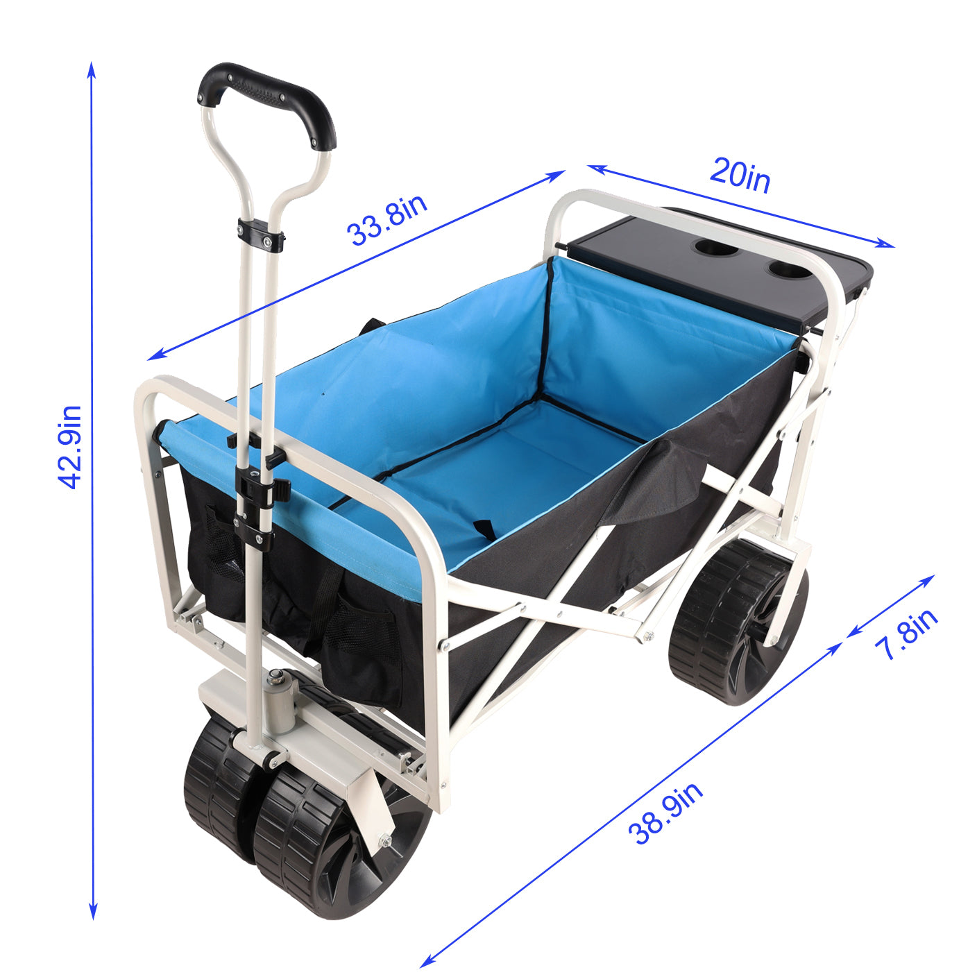 Blue and black folding wagon with a pull handle and builtin tray
