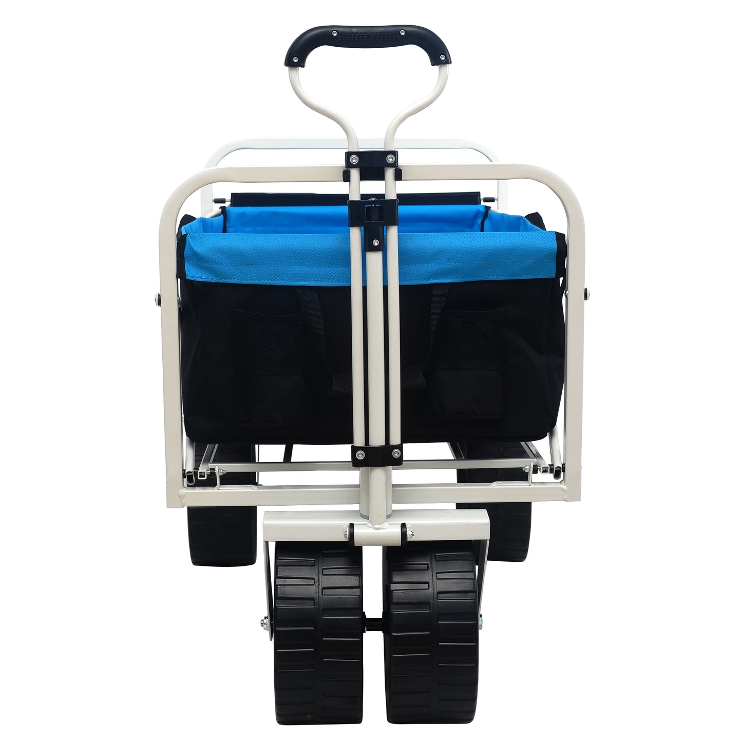 White and blue collapsible garden wagon with large black wheels and telescoping handle