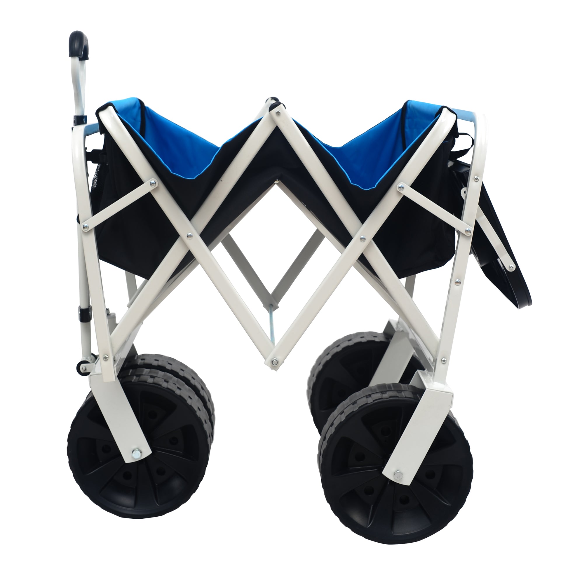 Collapsible wagon with blue fabric interior and sturdy white frame ready for use