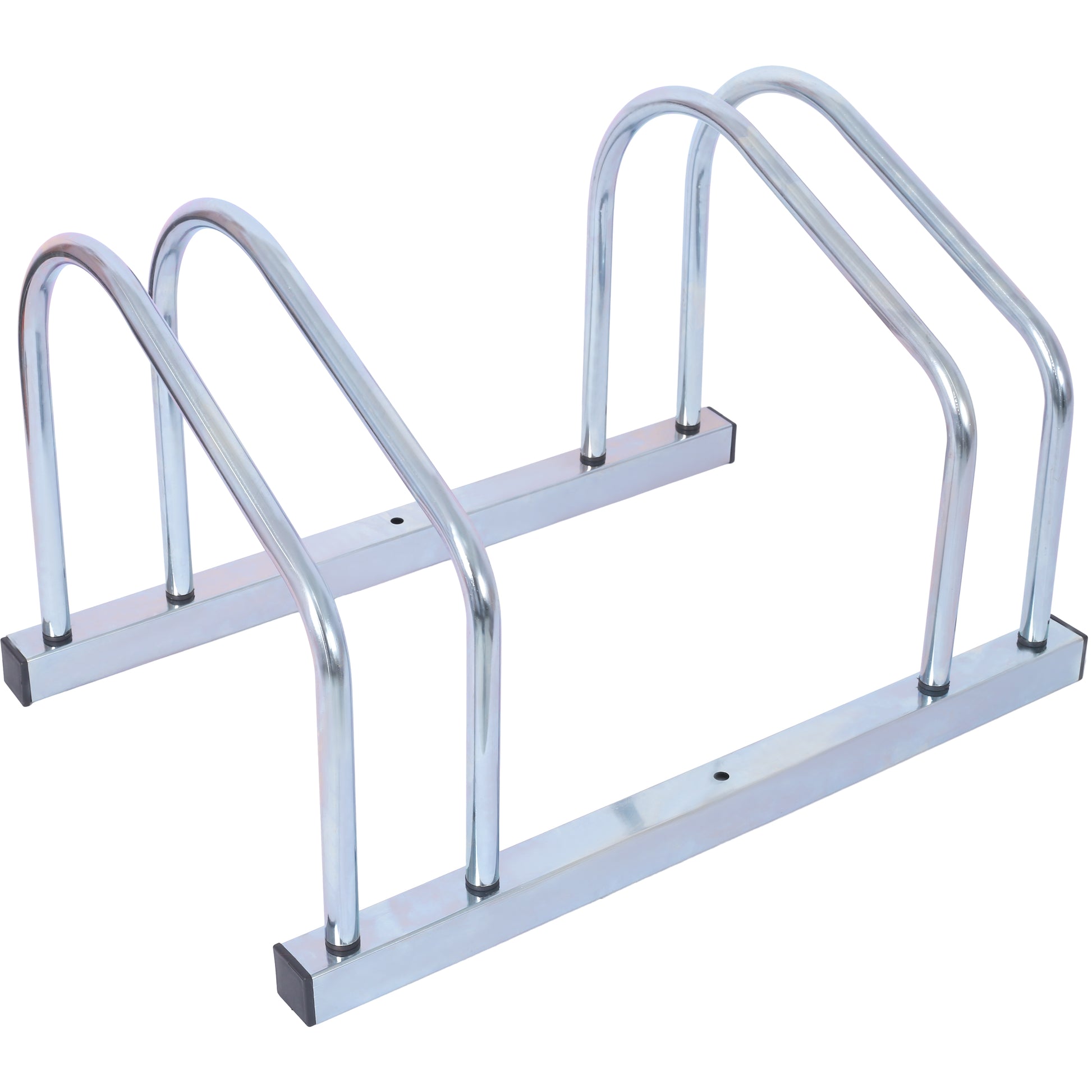 Silver metal bike rack with curved support arms for secure bicycle parking