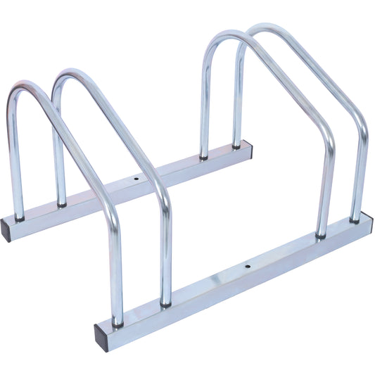 Silver metal bike rack with curved support arms for secure bicycle parking