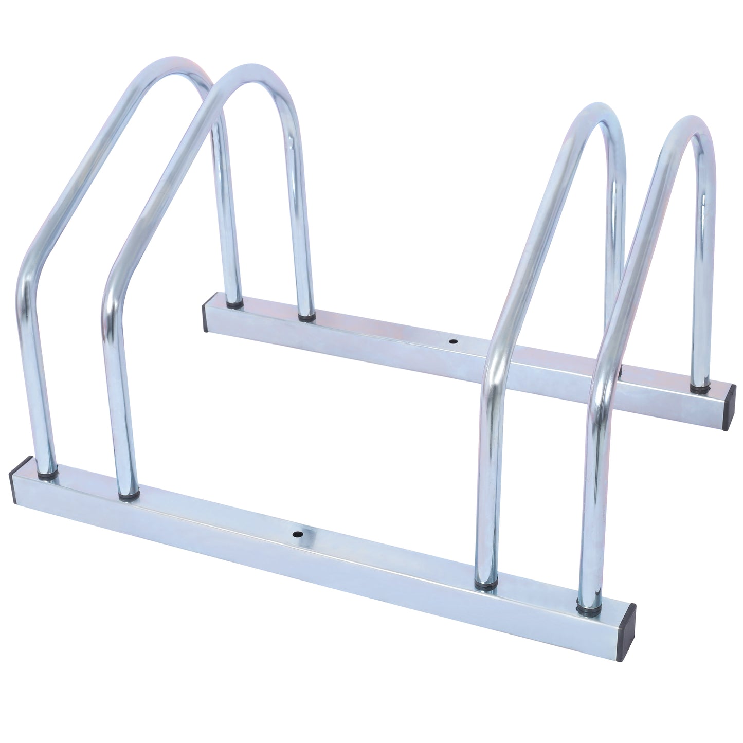 Silver metal bike floor rack with curved support arms for secure parking