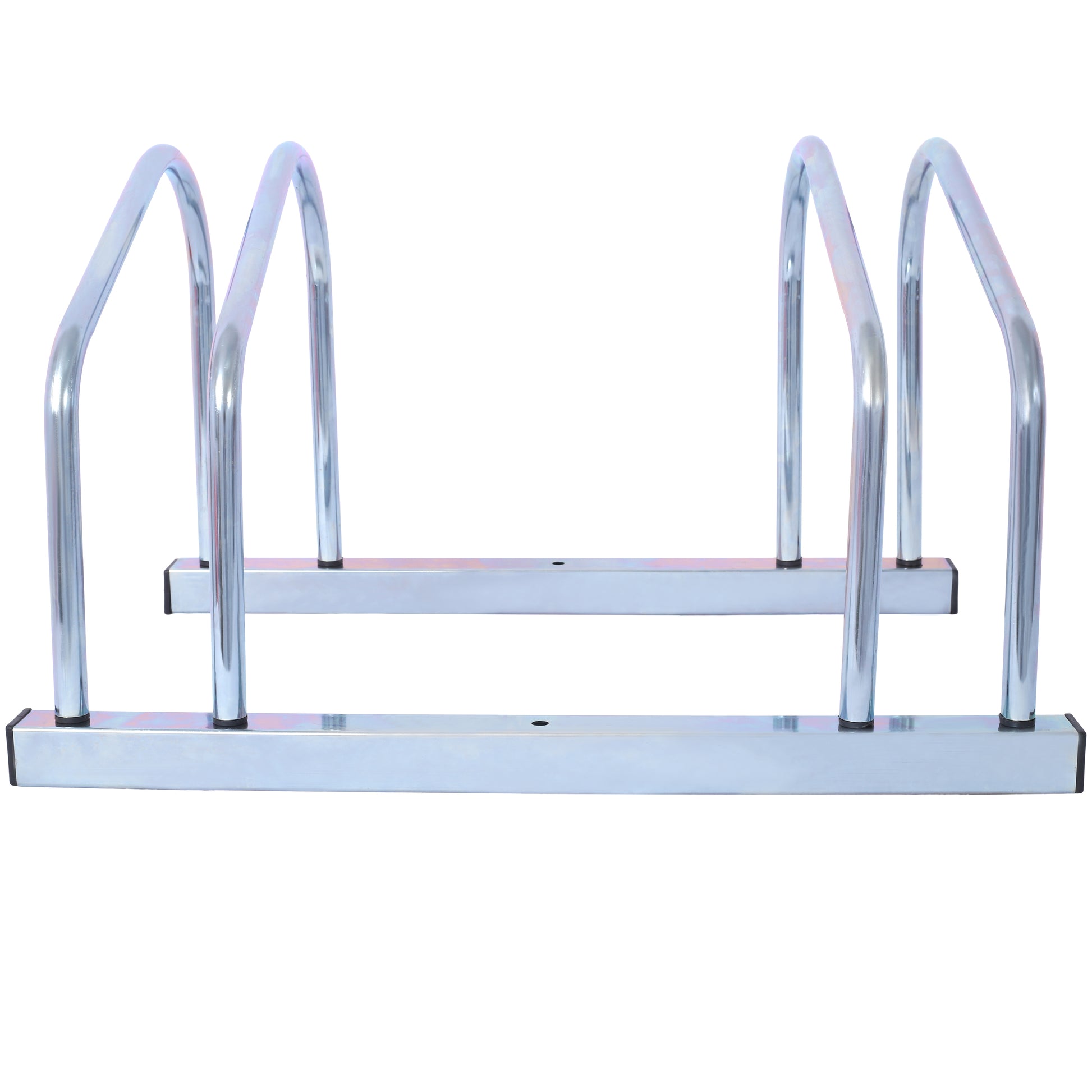 Silver metal bike rack with six parking slots