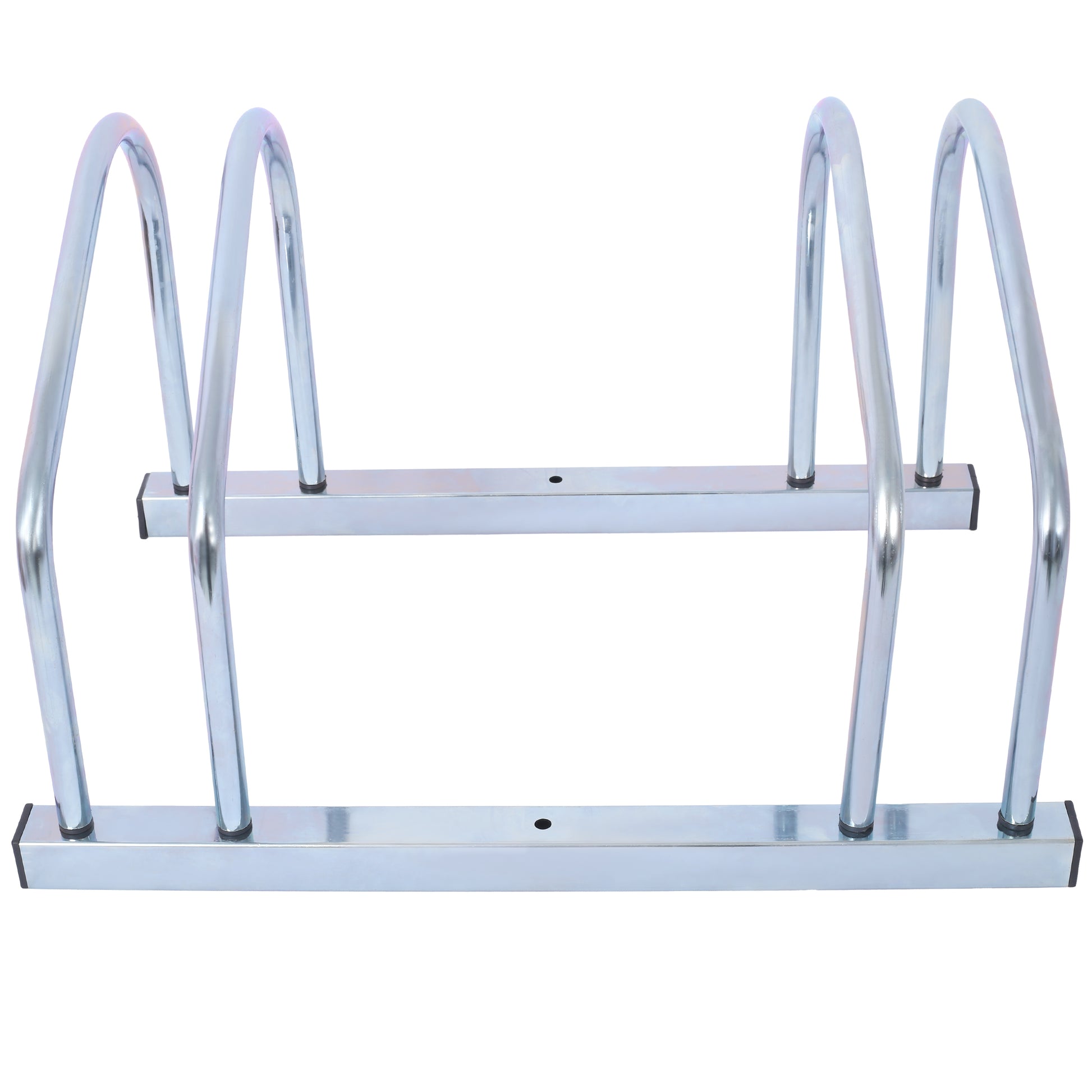 Silver metal bike rack with curved cradles for secure bike storage