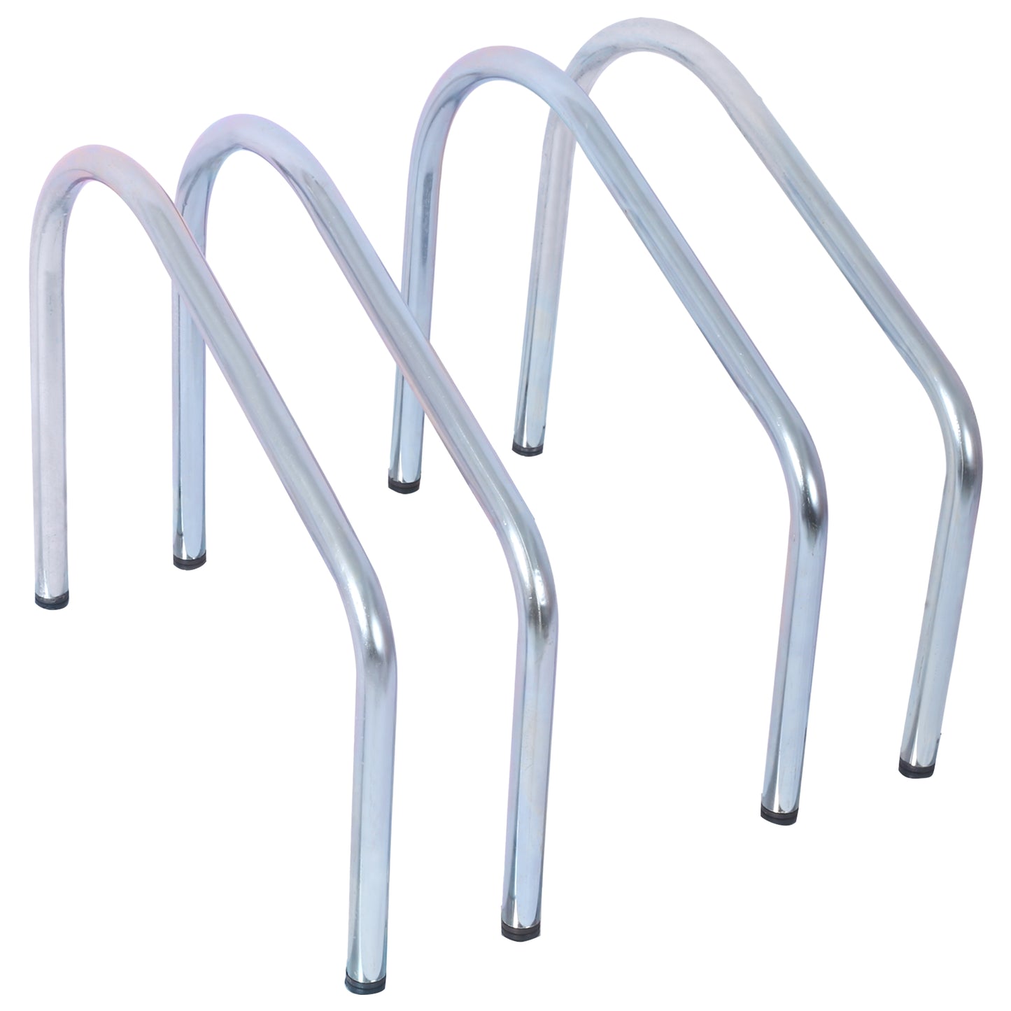 Four polished silver metal Ushaped bike racks on a white background for secure bicycle parking